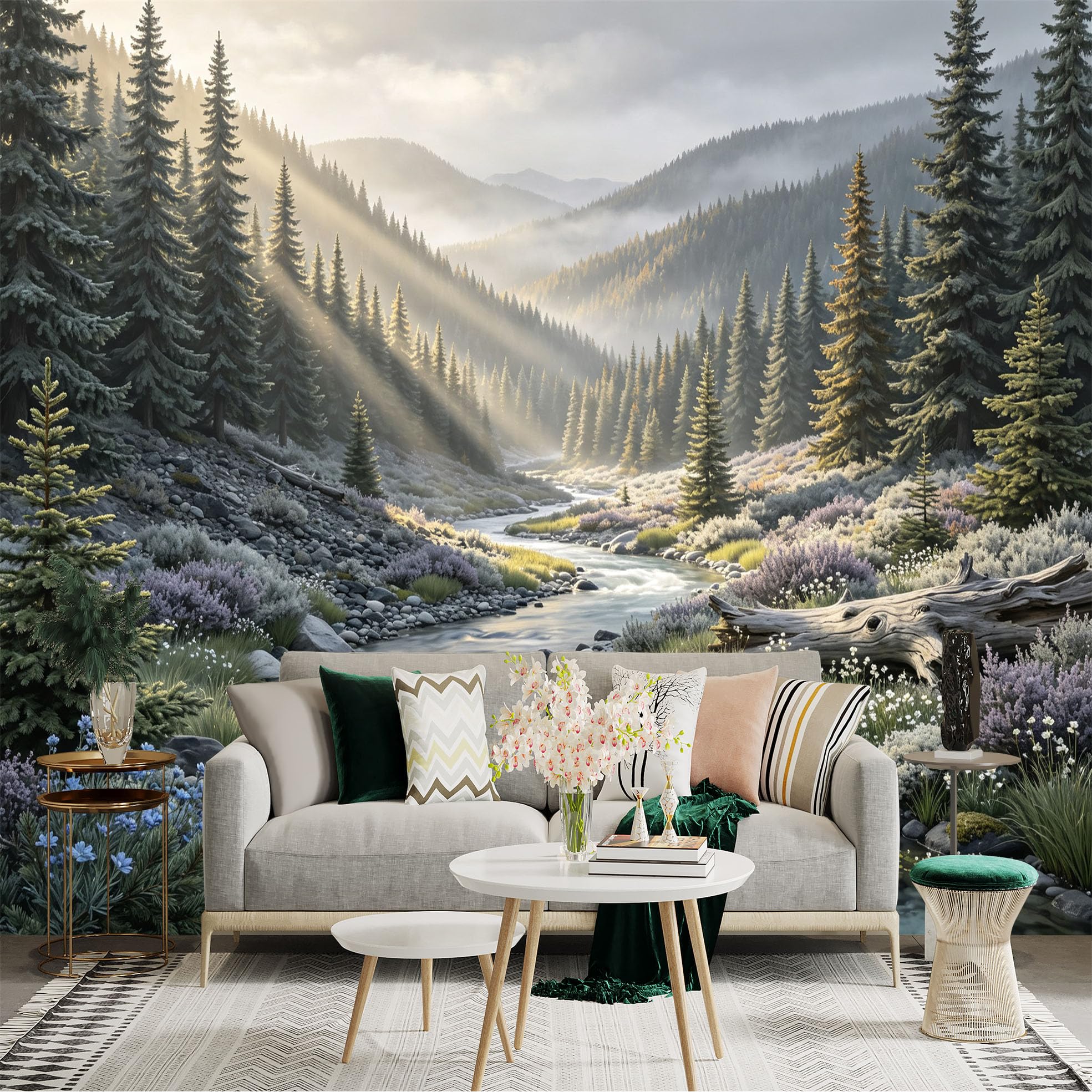 Lnzczhyre Bh260719389 Custom Size Wall Sticker Mural， Misty Mountain River， Morning Sunbeams， Evergreen Forest Scenery， Nature Landscape， For Wall Decoration， Peelandstick Wall Decals.