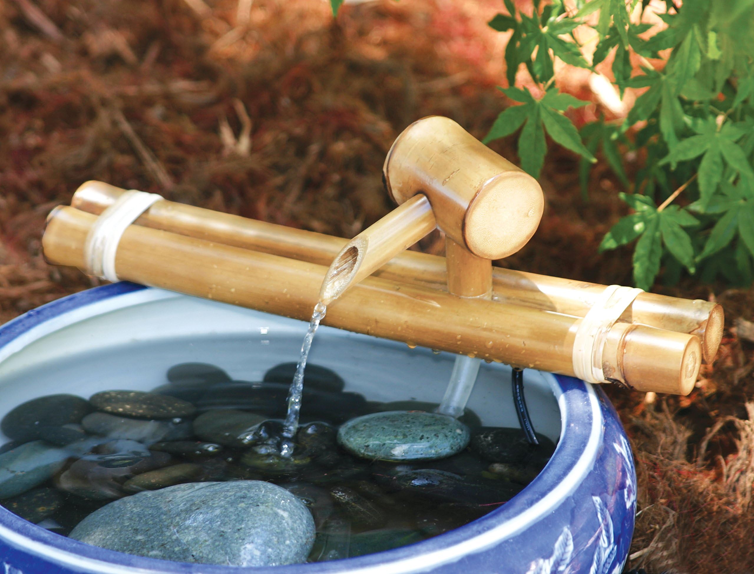Bamboo Accents Low-Profile Deck Water Fountain, Indoor/Outdoor Bamboo Fountain with Pump, Wide Classic Nozzle, Split Resistant, DIY Zen Fountain (12" Classic)