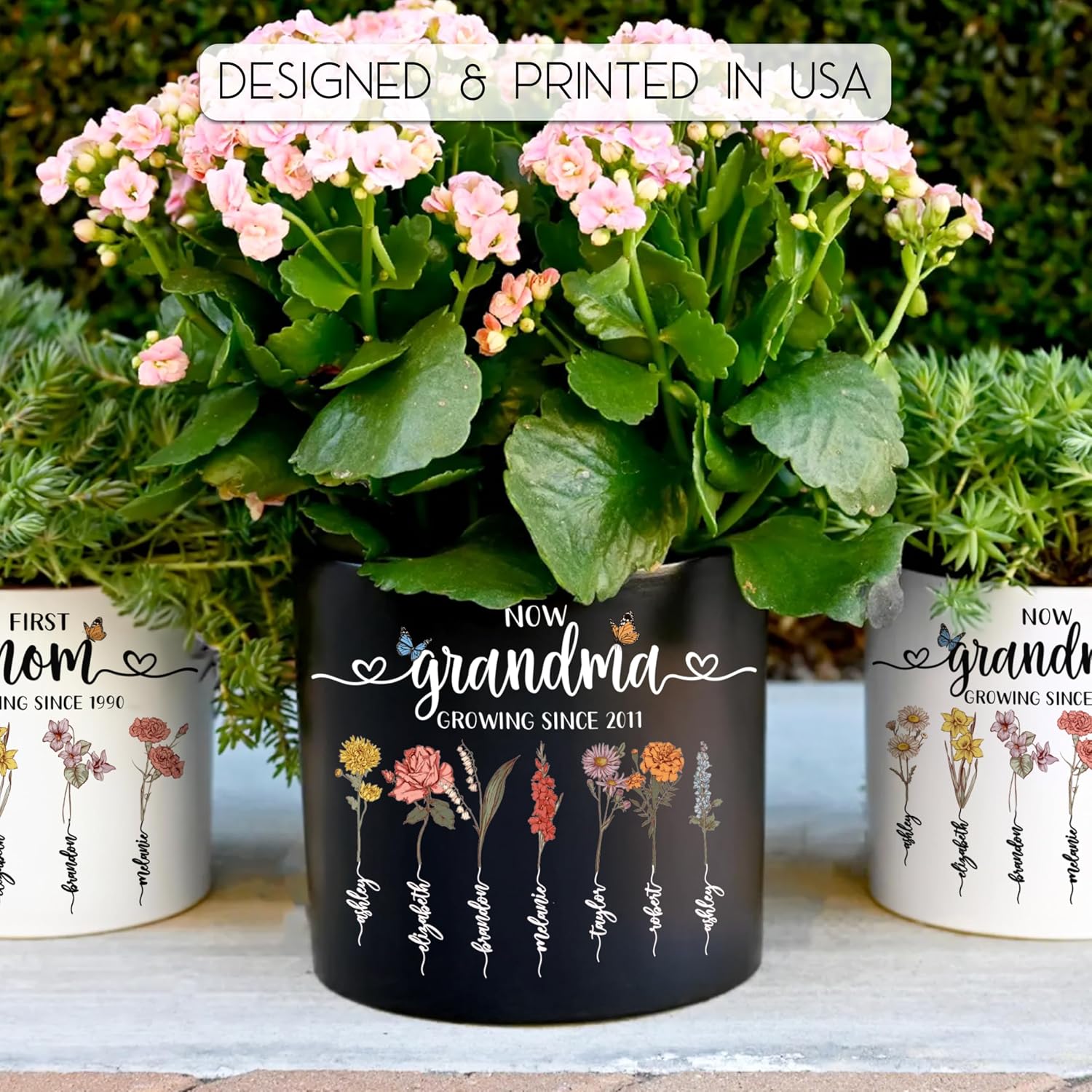 Personalized Flower Pot for Grandma, Mom or Nana, Custom Birth Month Flower Planter with Names, Unique, Mother’s Day, Birthday or Holiday Present, Ceramic Pot (7-Generation)