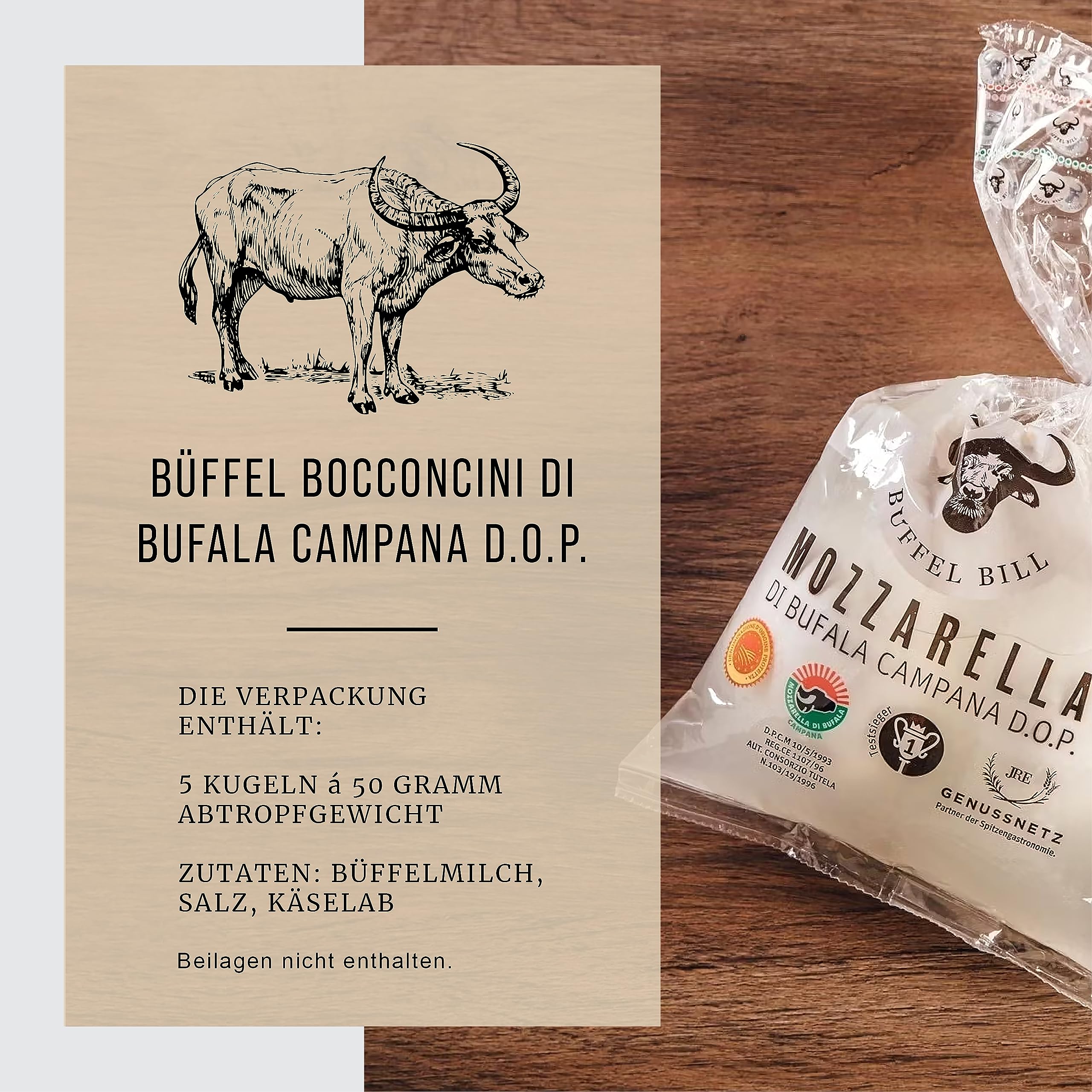 BÜFFEL BILL Bocconcini di Bufala Campana D.O.P. | 20x50g Kugeln I Cremig-weicher saftiger Mozzarella aus italienischer Büffelmilch I Geschmacksintensiv