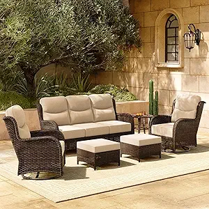 HILLGA Luxury Patio Furniture Set with 6-inch Thick Cushion, Outdoor Couch and High Back Swivel Rocker Patio Chairs, 6PCS Wicker Conversation Set for Deck Yard and Poolside, Beige (V2)