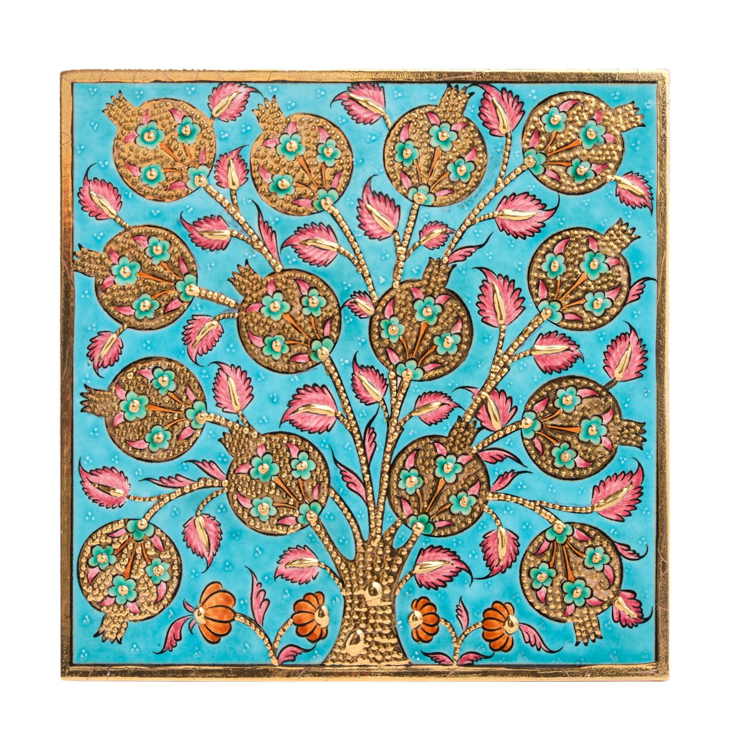 Ceramic Tile Wall Art, Wall Decorations for Home, Handmade Ceramic Wall Art for Living Room, Ceramic Wall Art for Home Decor (Turquoise Pomegranate Tree, 4x4")