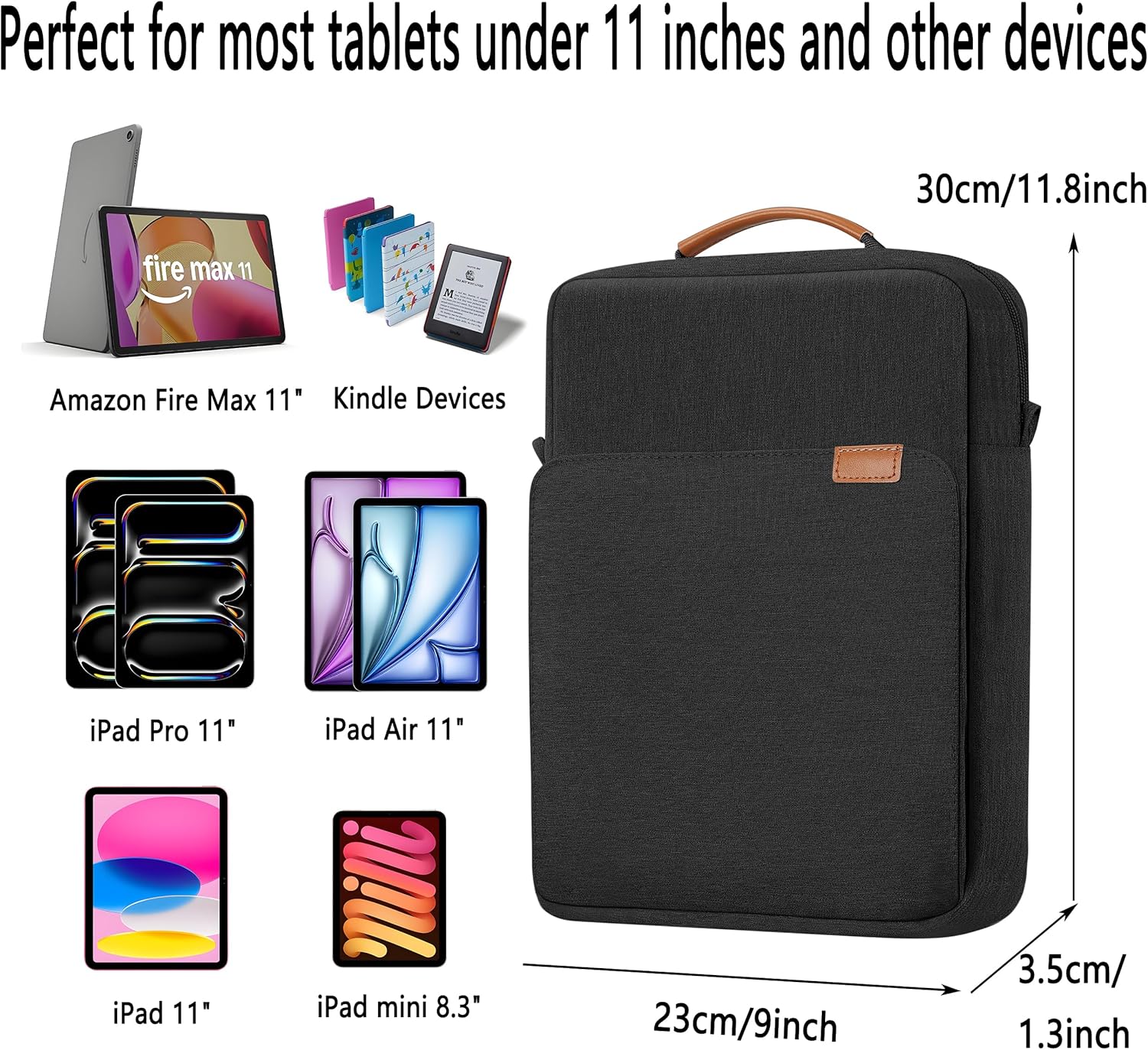 9-11 Inch Tablet Sleeve iPad Bag Satchel Messenger Sling Shoulder Bag for Men Travel Work with Handle Removable Shoulder Strap Carrying Case for Fire Laptop Kindle Surface Samsung Black