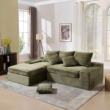 99" Cloud Modular Sectional Couch,L-Shape Sofa Couch with Deep Seat,Modern Boneless Compressed Sofa with Chaise,3 Seater Corduroy Couches for Living Room Bedroom, No Assembly Required Green