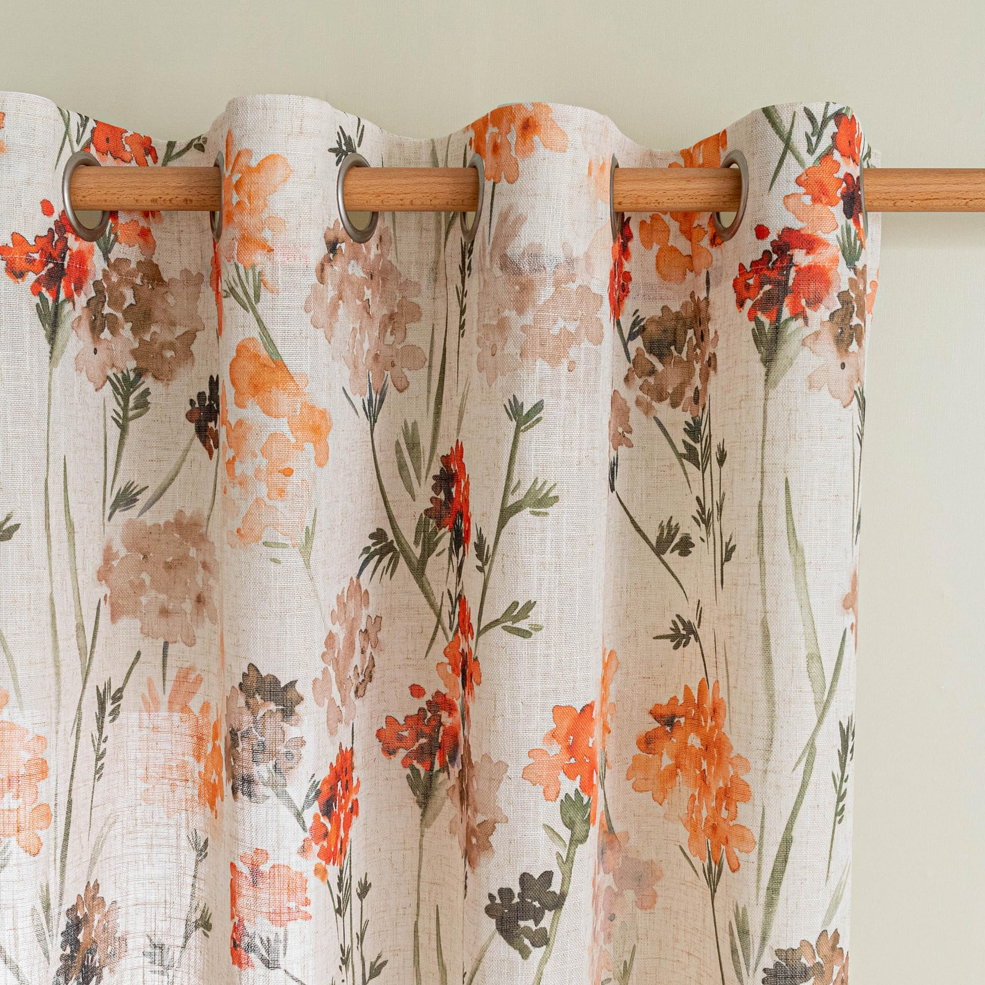 MYSKY HOME Linen Floral Sheer Curtains for Living Room 84 inch Length 2 Panels Set Printed Window Curtain for Bedroom,Light Flightering &amp; Privacy Protection Grommet Drapes,Orange, W52 Each Panel