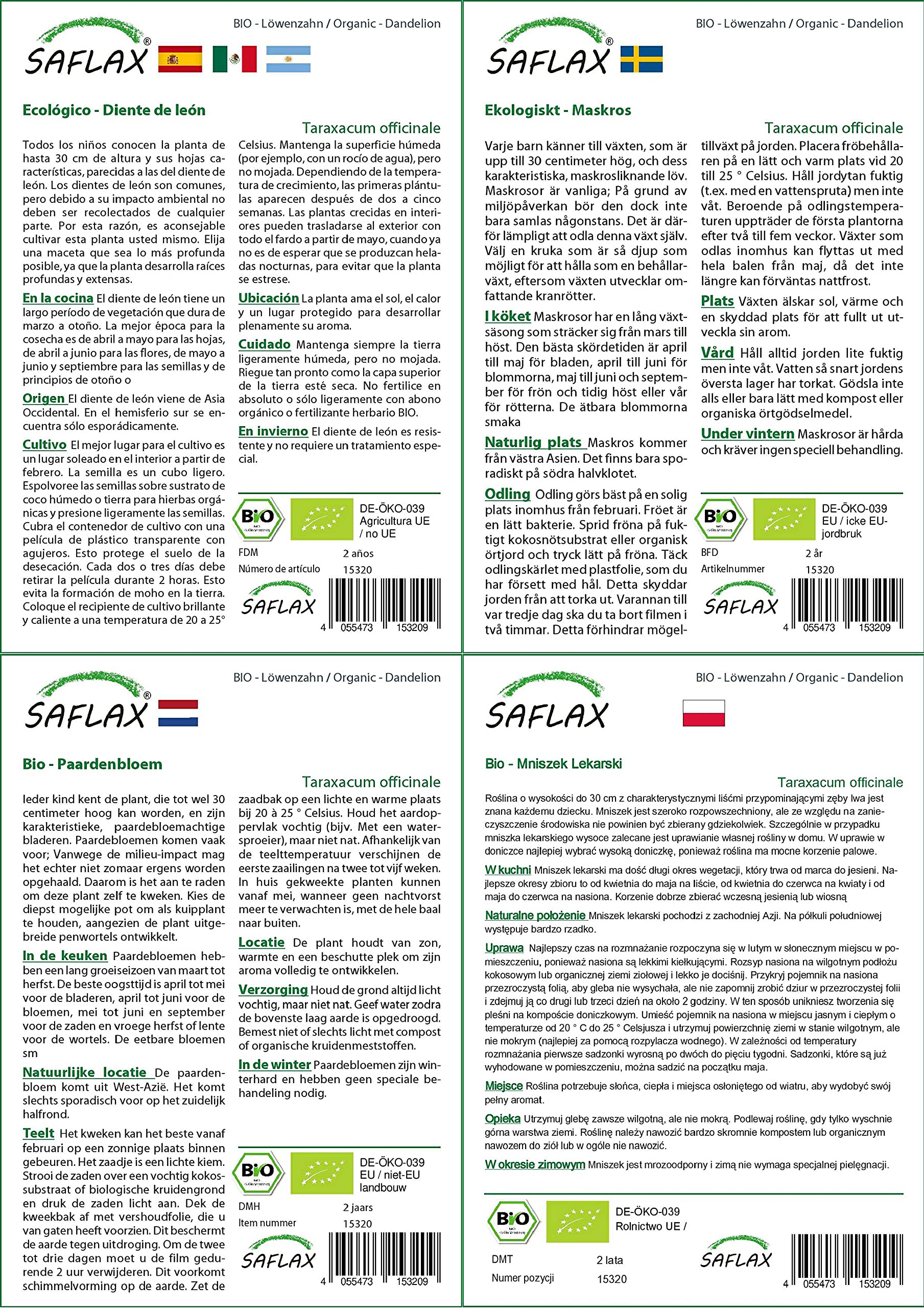 SAFLAX - Bio - Mniszek Lekarski - 400 Nasiona - Taraxacum officinale