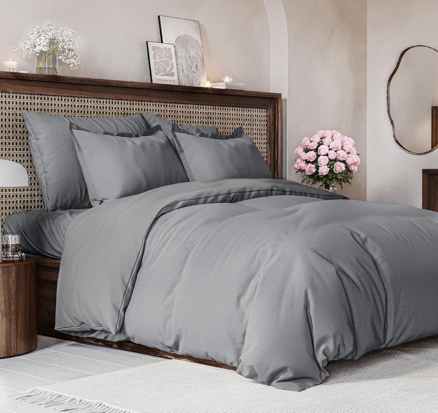 Duvet Cover Queen Size Set - Extra Soft Queen Size Duvet Cover 90 x 90 with 2 Pillow Shams - Hotel Luxury Easy Care and Fade Free w/Zipper Closures & Ties - Breathable Bedding Set (Heathered Grey)