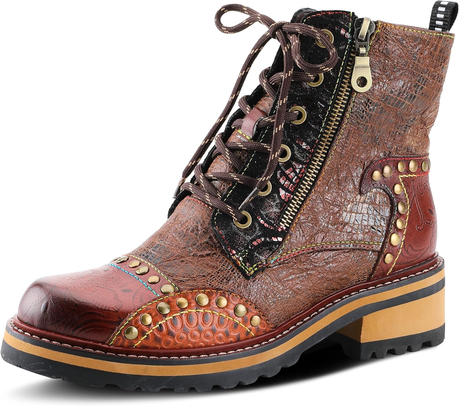 L'Artiste Rugup Leather Combination Booties for Women | Low Heel Ankle Boots for Women with Lace Up and Zipper Closure and Faux Fur Lining