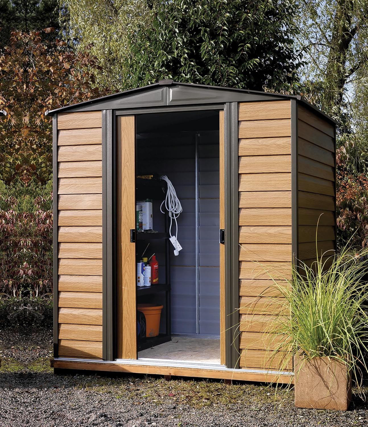 Arrow WR65 Steel 6 x 5 ft. Low Gable Galvanized Coffee/Woodgrain Storage Shed