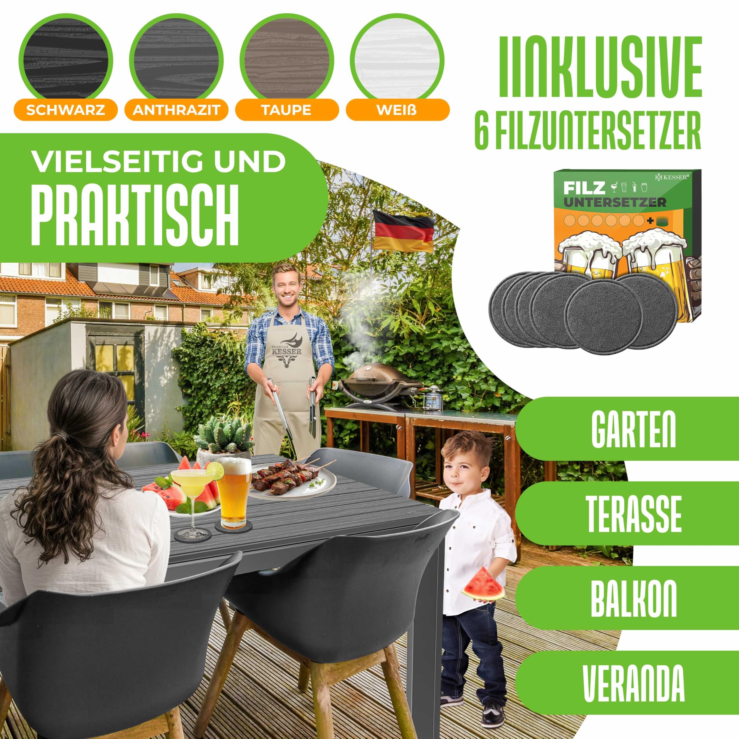 KESSER® Gartentisch 156x78cm für bis 6 Personen Esstisch Wetterfest & UV-Beständig | Outdoor Tisch mit pulverbeschichteter Stahl-Gestell & Kunststoff Tischplatte in Holz-Optik inkl. 6 Filz-Untersetzer