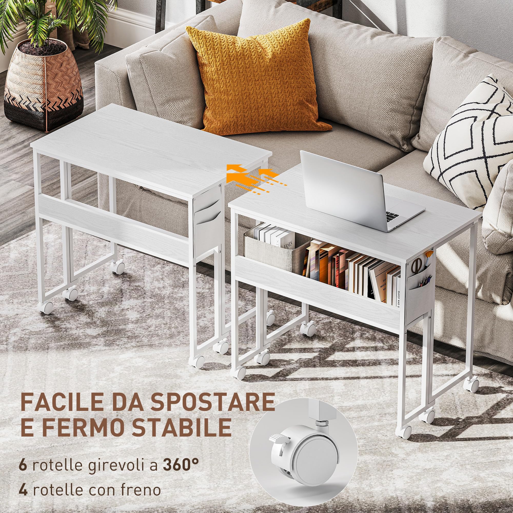 HOMCOM Scrivania Salvaspazio Pieghevole a Ribalta, 80x50x75 cm Bianco | Scrivania Piccola con Ruote a Freno, Scaffale e Tasca Portaoggetti, Tavolo Computer Richiudibile, per Casa Studio e Ufficio