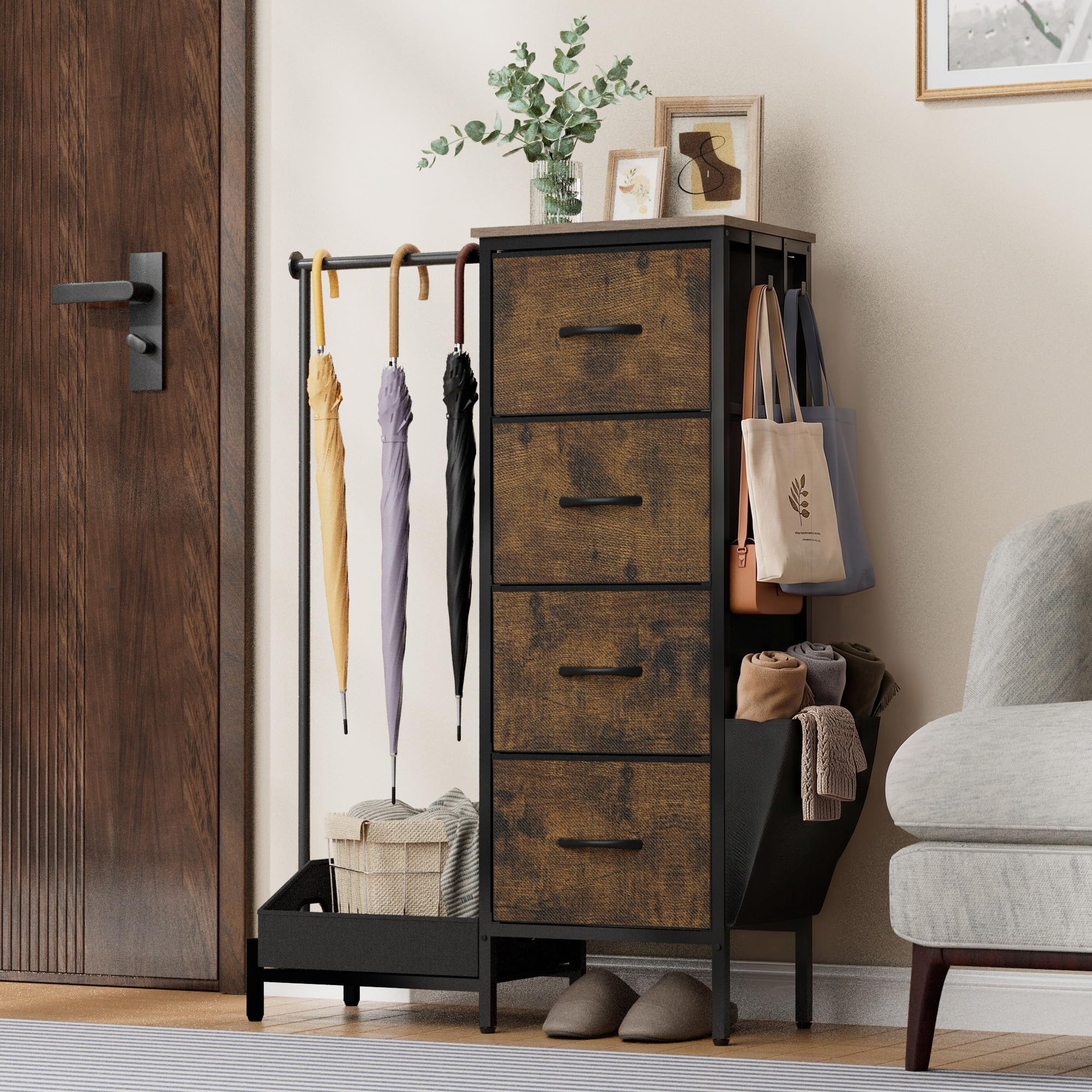 Commode avec 4 tiroirs en tissu et tringle à vêtements, 110 cm de haut, armoire étroite pour chambre à coucher, couloir, chambre d'enfant, armoire à linge peu encombrante avec étagère à chaussures