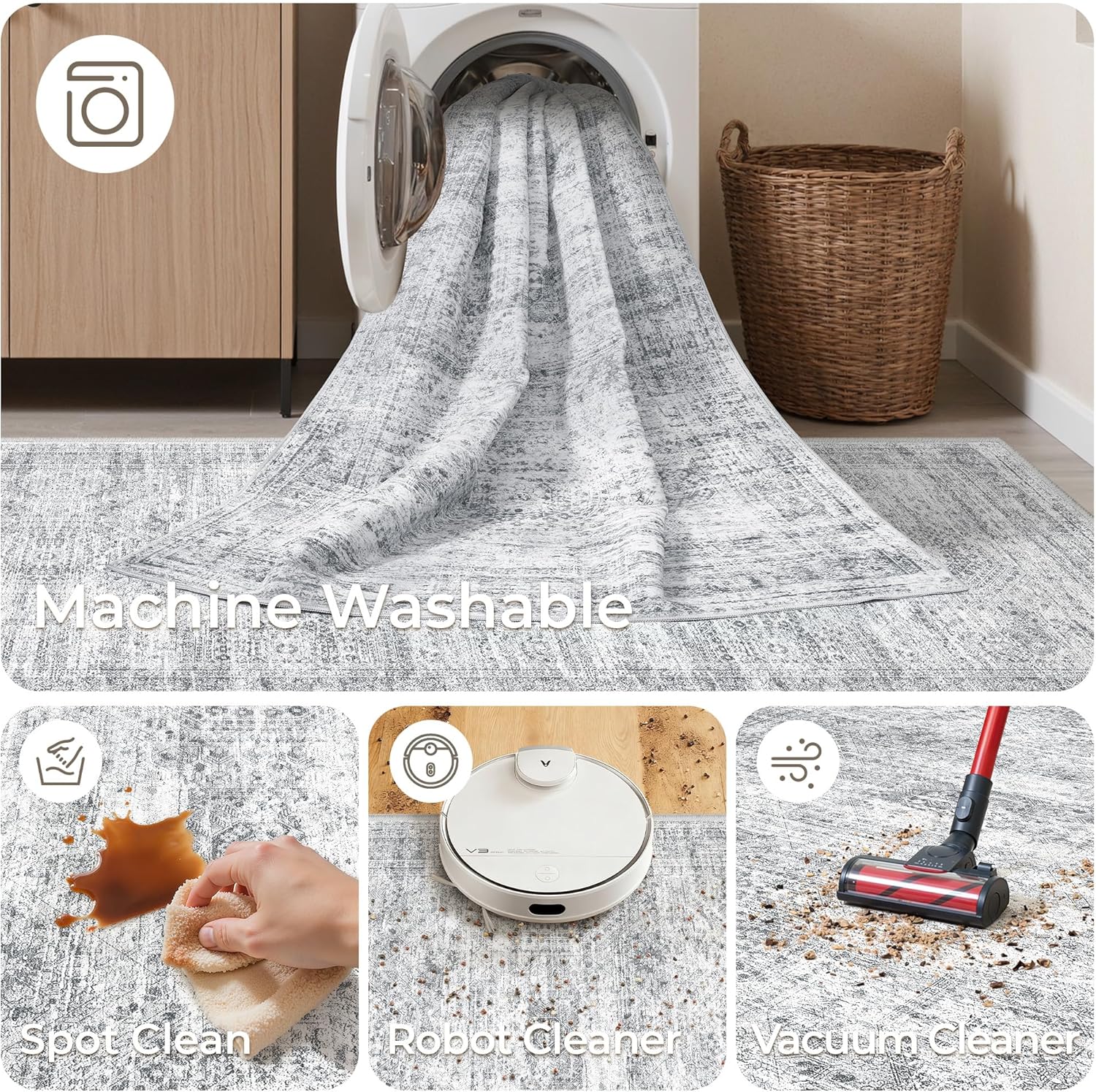 Washable Runner Rug 2.5x14, Non-Slip Long Hallway Runner for Entryway, Soft Vintage Kitchen Mats for Floor, Abstract Dining Room, Bedroom, Living Room Rugs(2.5'x14', Grey/Ivory)