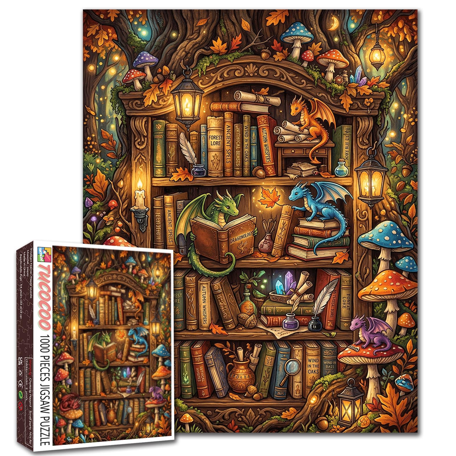Magic Bookshelf Forest Jigsaw Puzzle 1000 Pieces Puzzles for Adults, Dragon Library Puzzles for Challenging Family Activity Games Autumn Mushroom DIY Puzzle for Wall Decor - 19.7 x 27.6 Inches