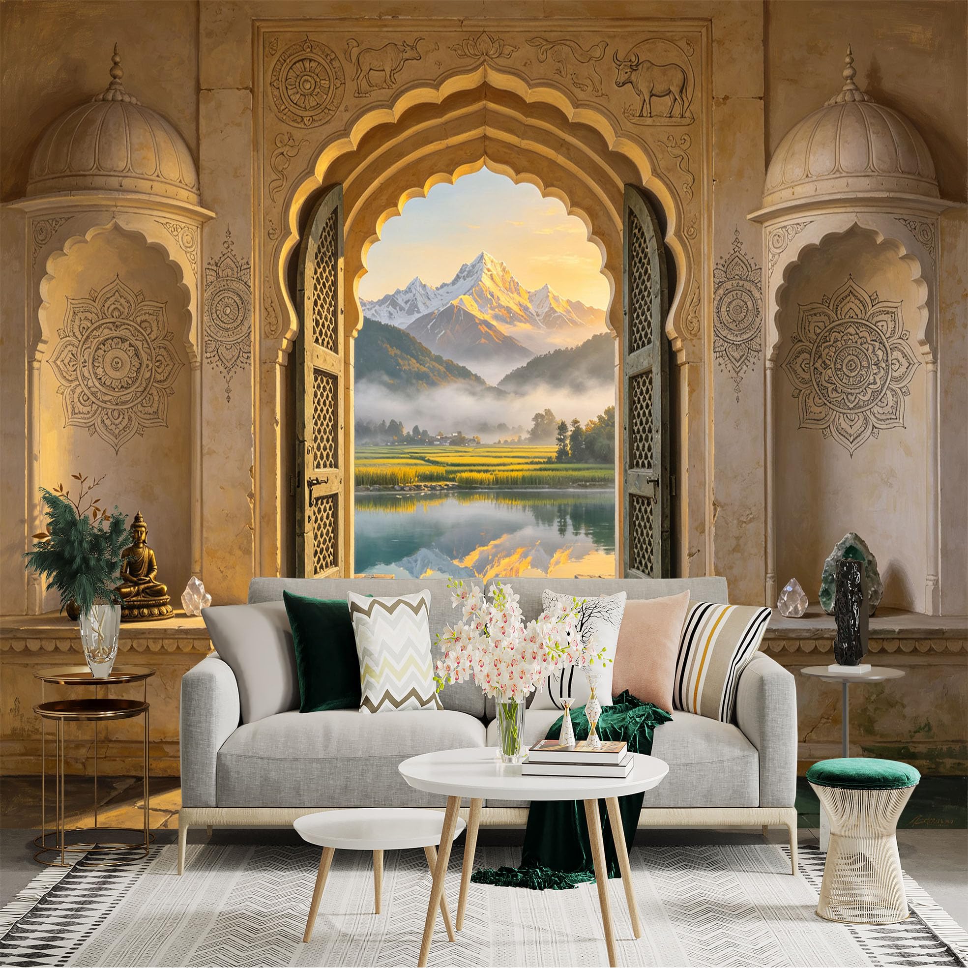 Custom Size Wall Sticker Mural， Mountain Lake View Through Archway， Temple Interior Landscape， for wall Decoration， peelandstick wall Decals.