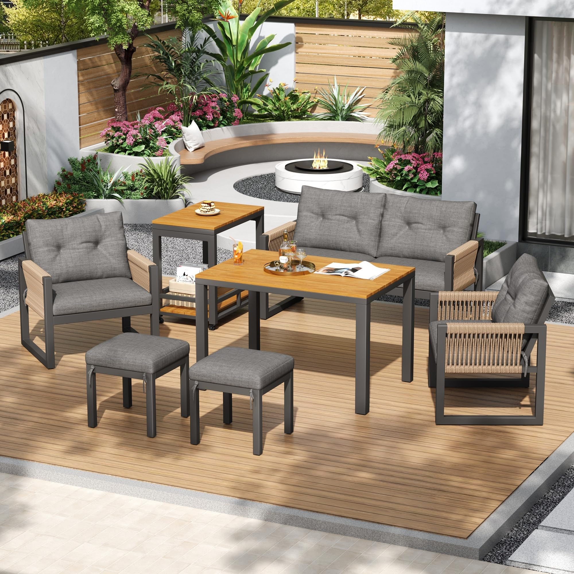 Gartenmöbel Sitzgruppe für 6 Personen, Outdoor Möbel 6-teilig mit Sofa und Couchtisch, Gartenmöbel Set mit Sitzkissen und Kissen, Balkonmöbel Essgruppe für Garten Balkon Terrasse, Grau+Natur