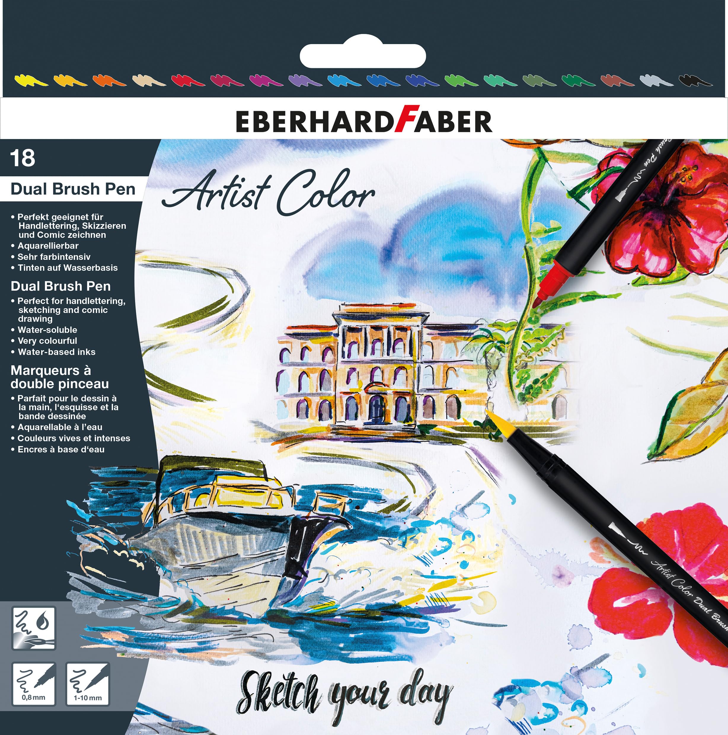 Eberhard Faber 558218 Artist Colour Sketch Marker Set with 18 Colours, Fibre-Tip Pens with Double Tip, in Cardboard Case, for Drawing, Sketching and Illustration, Various Colours