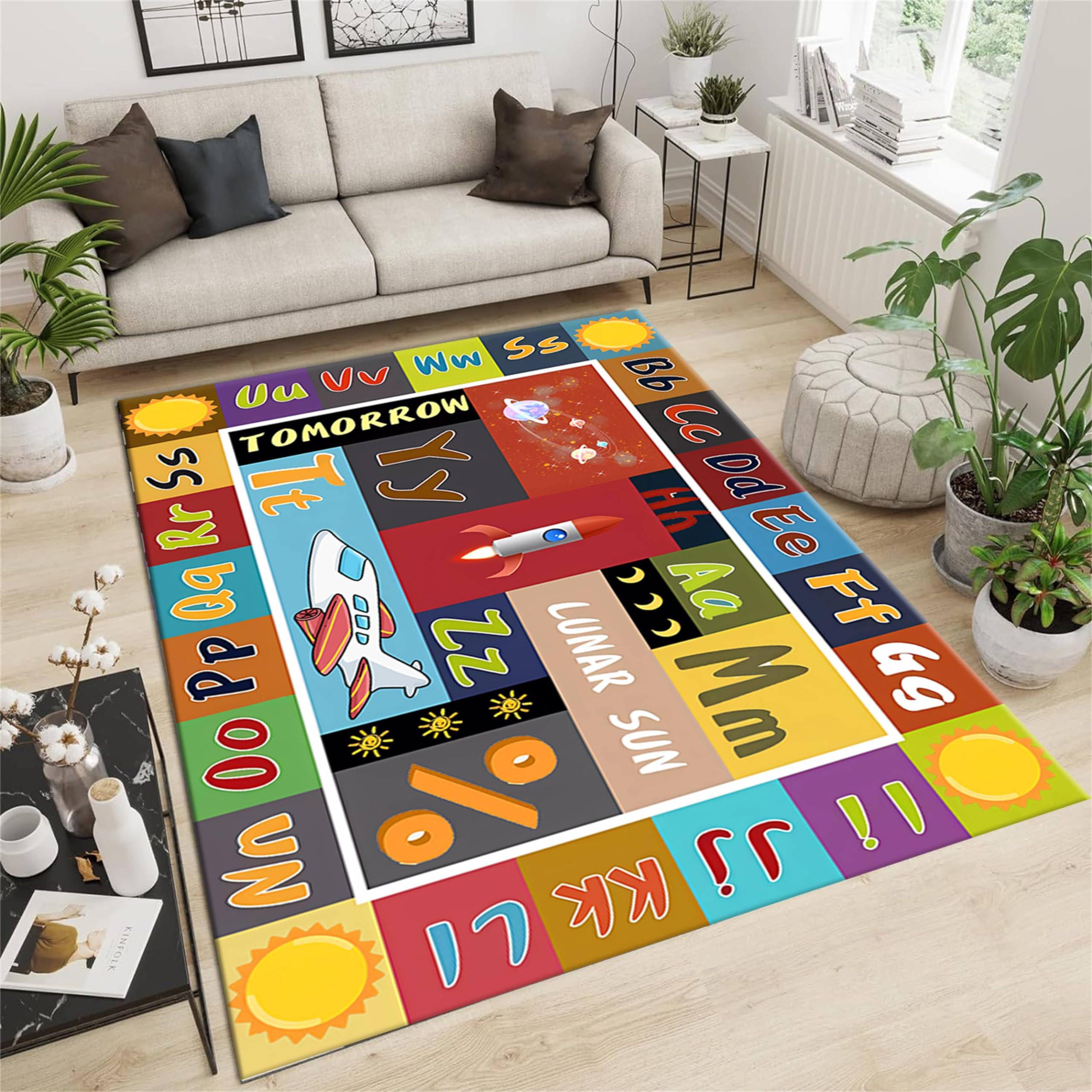ABC Education Area Rug Kinderteppiche zum Lernen von englischen Buchstaben, lustiger Weltraum-Thema, Patchwork-Teppich, Spielzeit, Überwurf, Teppiche für Wohnzimmer, Esszimmer, Waschküche, Bad
