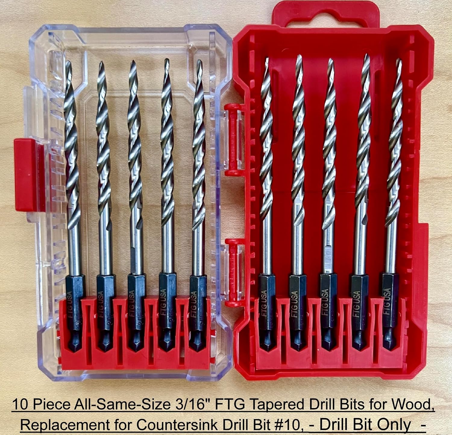 FTG USA 10 Pc 3/16" (#10) Tapered Drill Bits for Wood, Replacement for Countersink Drill Bit Set with Storage Container