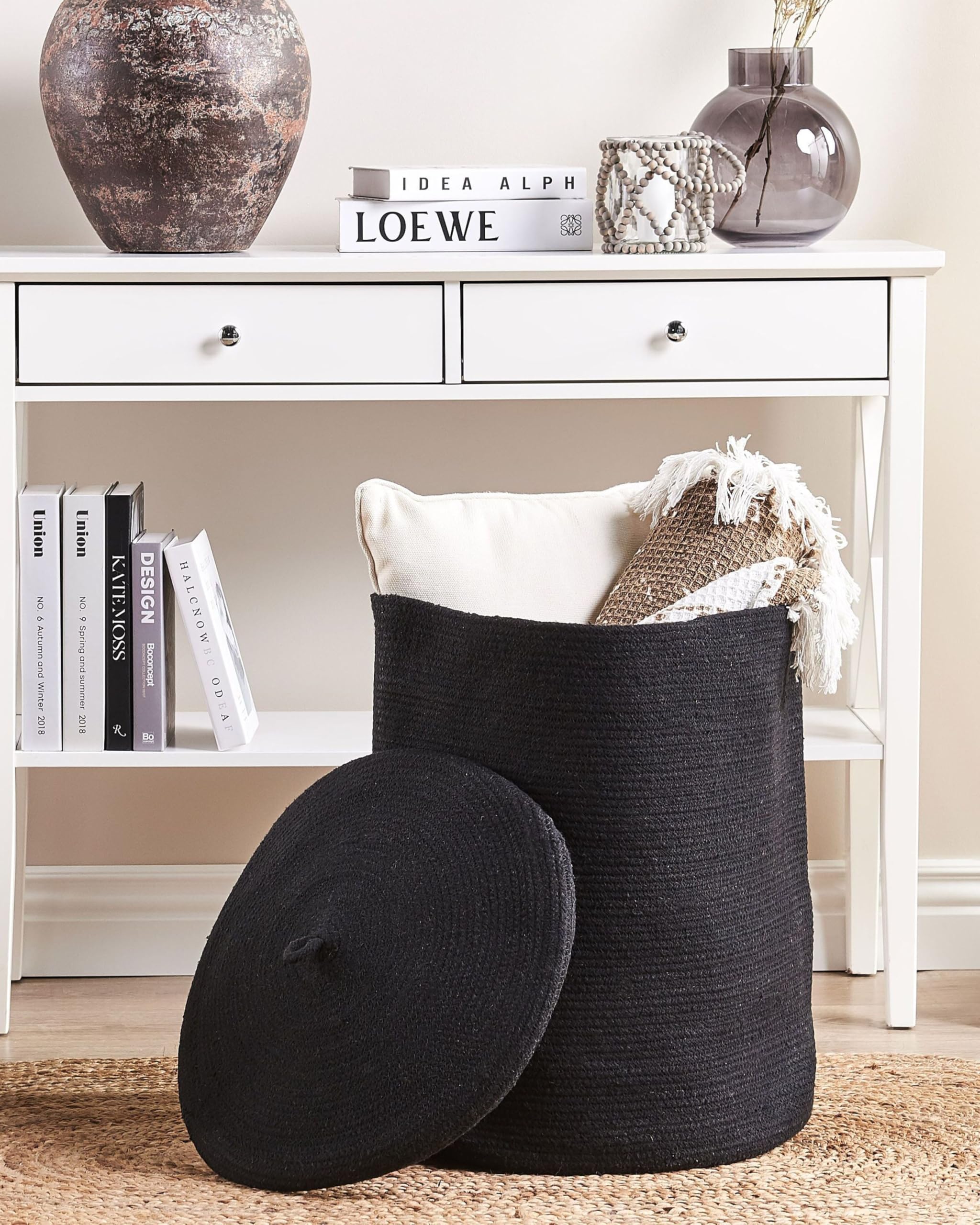 Korb Baumwolle schwarz geflochten mit Deckel Boho-Design Silopi