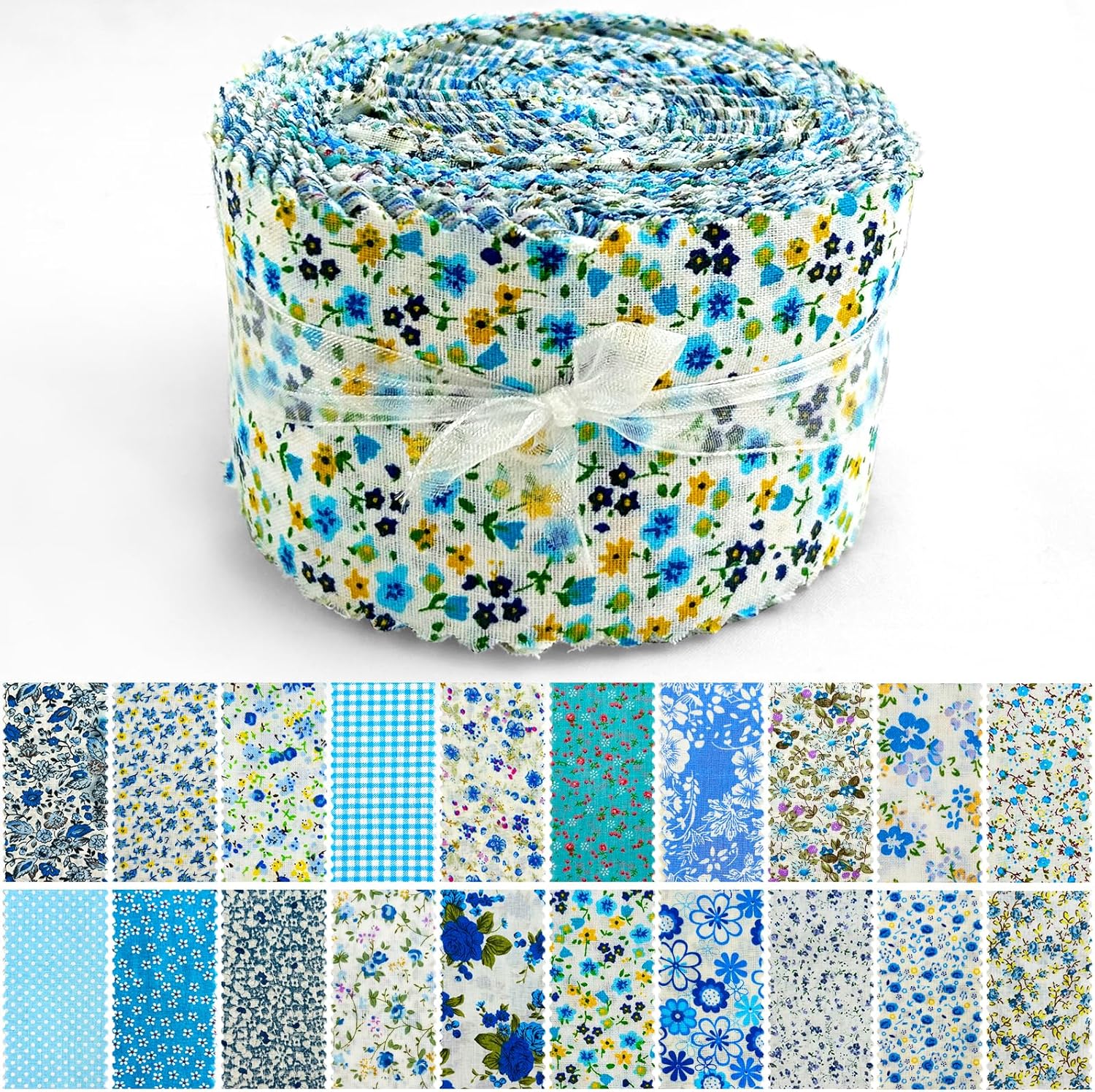 80 Precut Strip Jelly Roll Fabric Strips for Quilting Clearance, 20 Assorted Blue Floral Prints Cotton Quilting Fabric, 2.5 x 20 Inch for Sewing & Jelly Roll Rugs & DIY Projects (Blue)