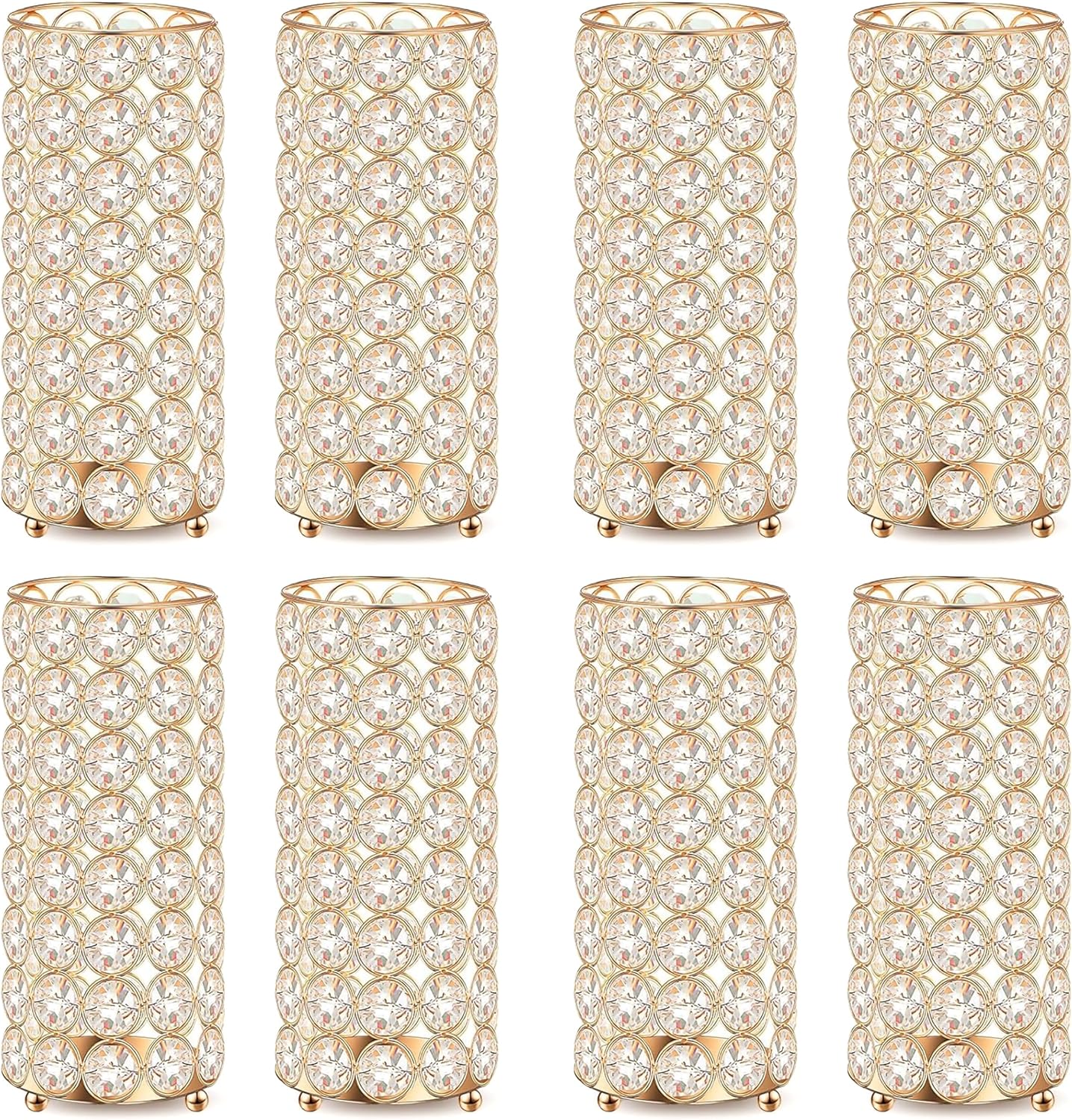 8 Pcs Gold Crystal Flower Vase and Pillar Candle Holder Set, 7.87" Metal Cylinder Stand for Wedding Table Centerpieces, Flower Arrangements, Christmas Party, Event Decor, and Gifts