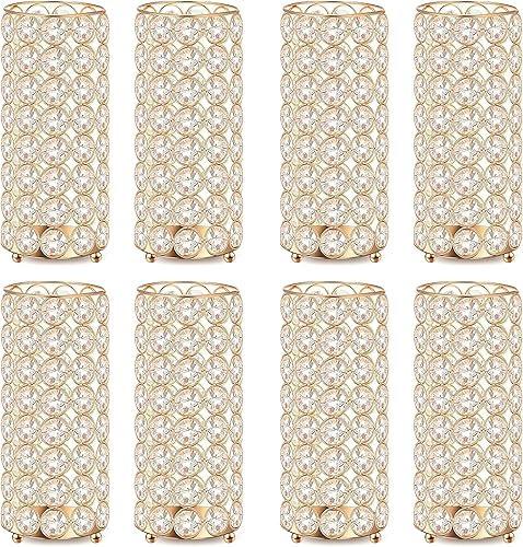 Juego de 8 portavelas de cristal dorado y jarrón de flores de cristal dorado, soporte cilíndrico de metal de 7.87 pulgadas para centros de mesa de