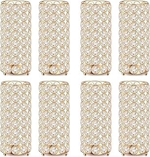 8 Pcs Gold Crystal Flower Vase and Pillar Candle Holder Set, 7.87" Metal Cylinder Stand for Wedding Table Centerpieces, Flower Arrangements, Christmas Party, Event Decor, and Gifts