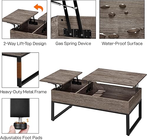 Miniatura 5 de Yaheetech Mesa auxiliar con tapa elevable para sala de estar, mesa auxiliar industrial con almacenamiento, compartimento oculto y cajón para