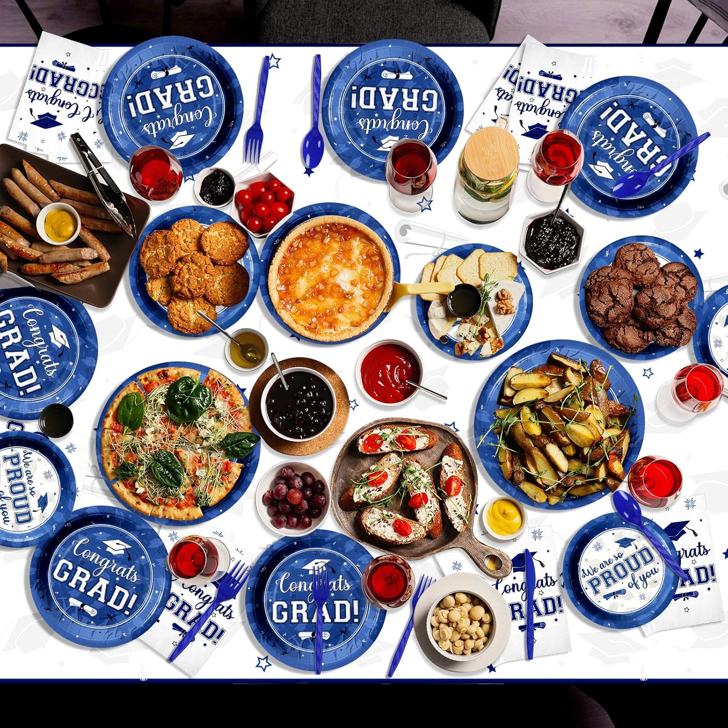Graduation Party Supplies Congrats Grad Plates and Napkins Set Disposable Paper Plates Napkins Tablecloth Banner Cups Knives Spoons Forks for Class of 2026 Graduation Party Decorations Serve 50 (Blue)