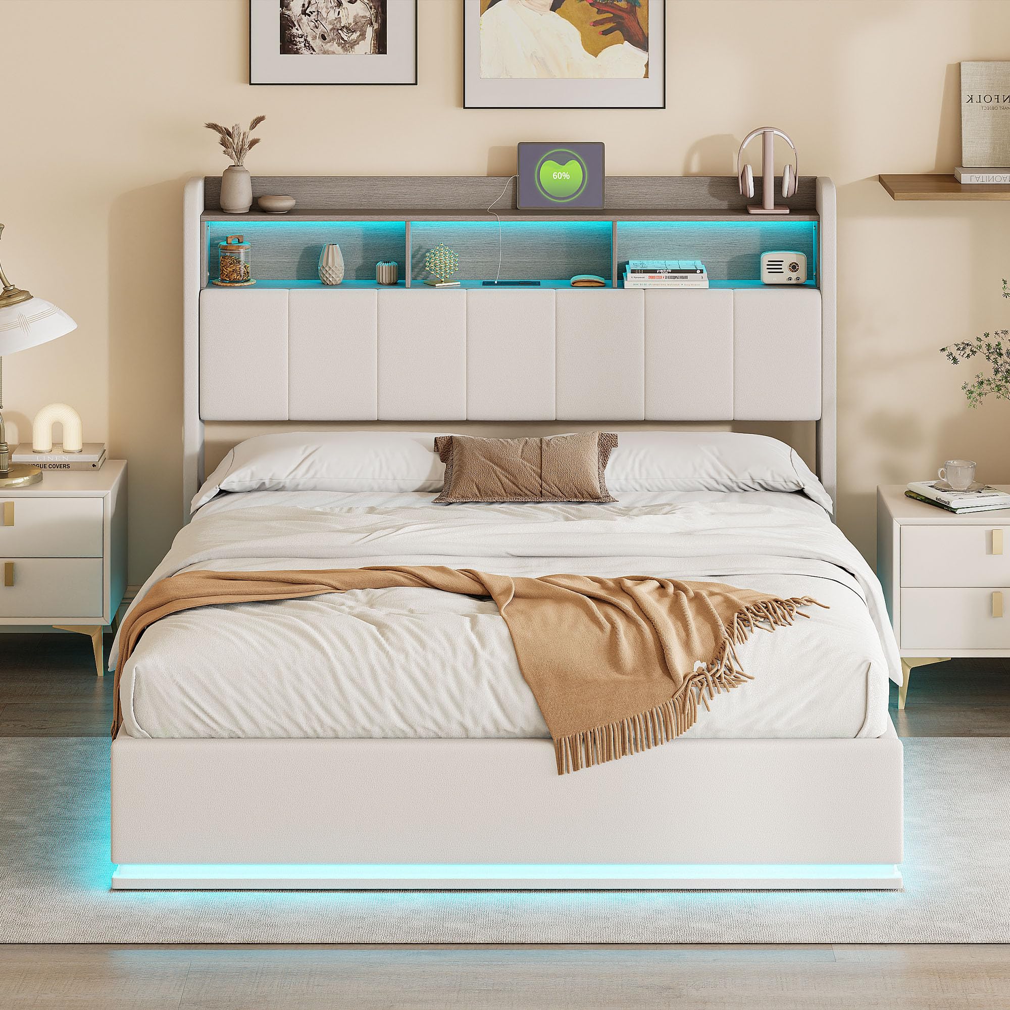 Letto matrimoniale 140 x 190 con illuminazione a LED e ricarica USB, letto idraulico con testiera con vano portaoggetti, letti imbottiti 140 x 190 cm con rete a doghe, velluto(bianco), 140 x 190)