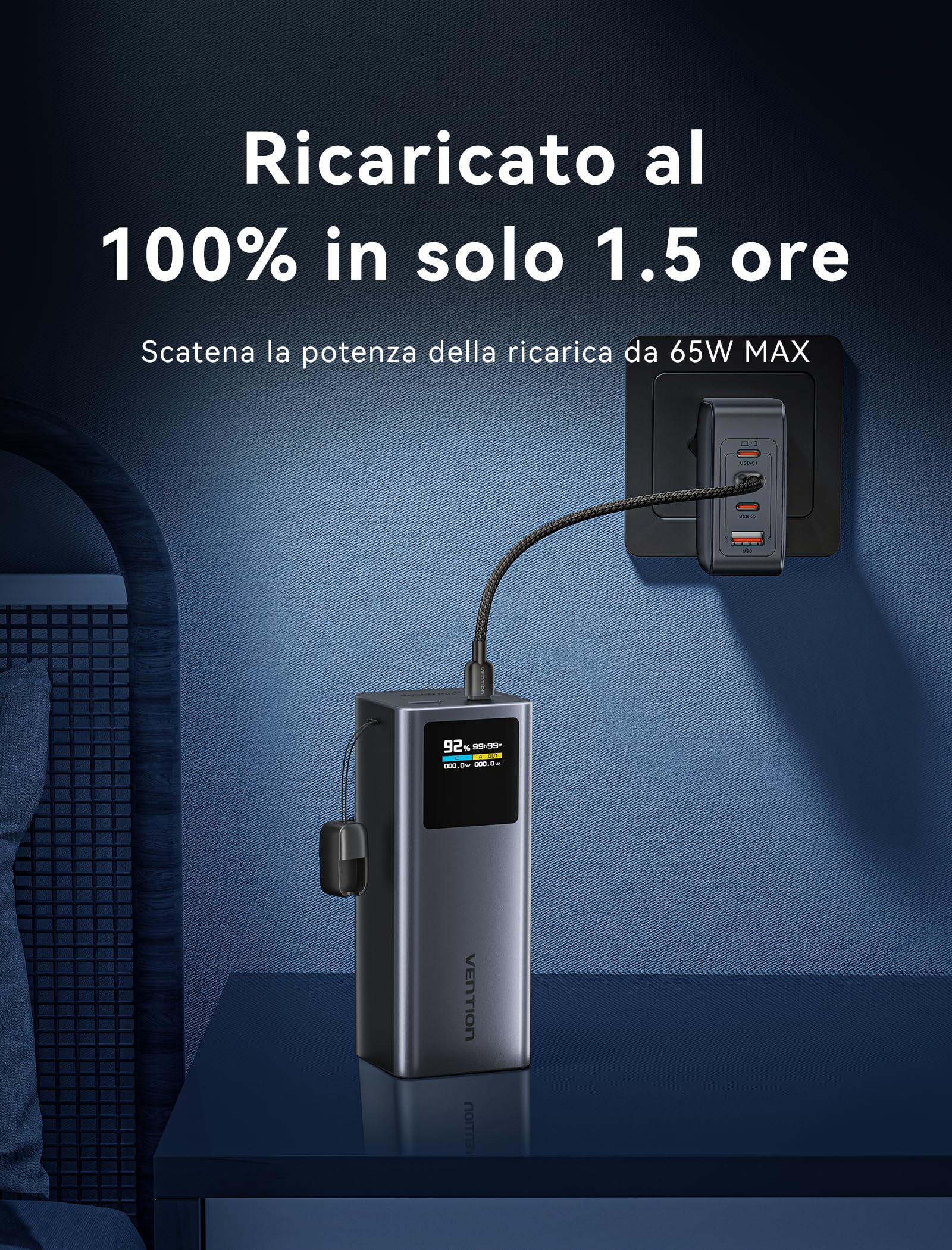 VENTION 20000mAh Power Bank, 100W Caricatore Portatile USB-C PD3.0 con Display Digitale, Cavo USB-C Integrato, Compatibile con MacBook Pro/Dell/HP, iPhone 17/16/15/14/13, iPad Pro, Galaxy S25