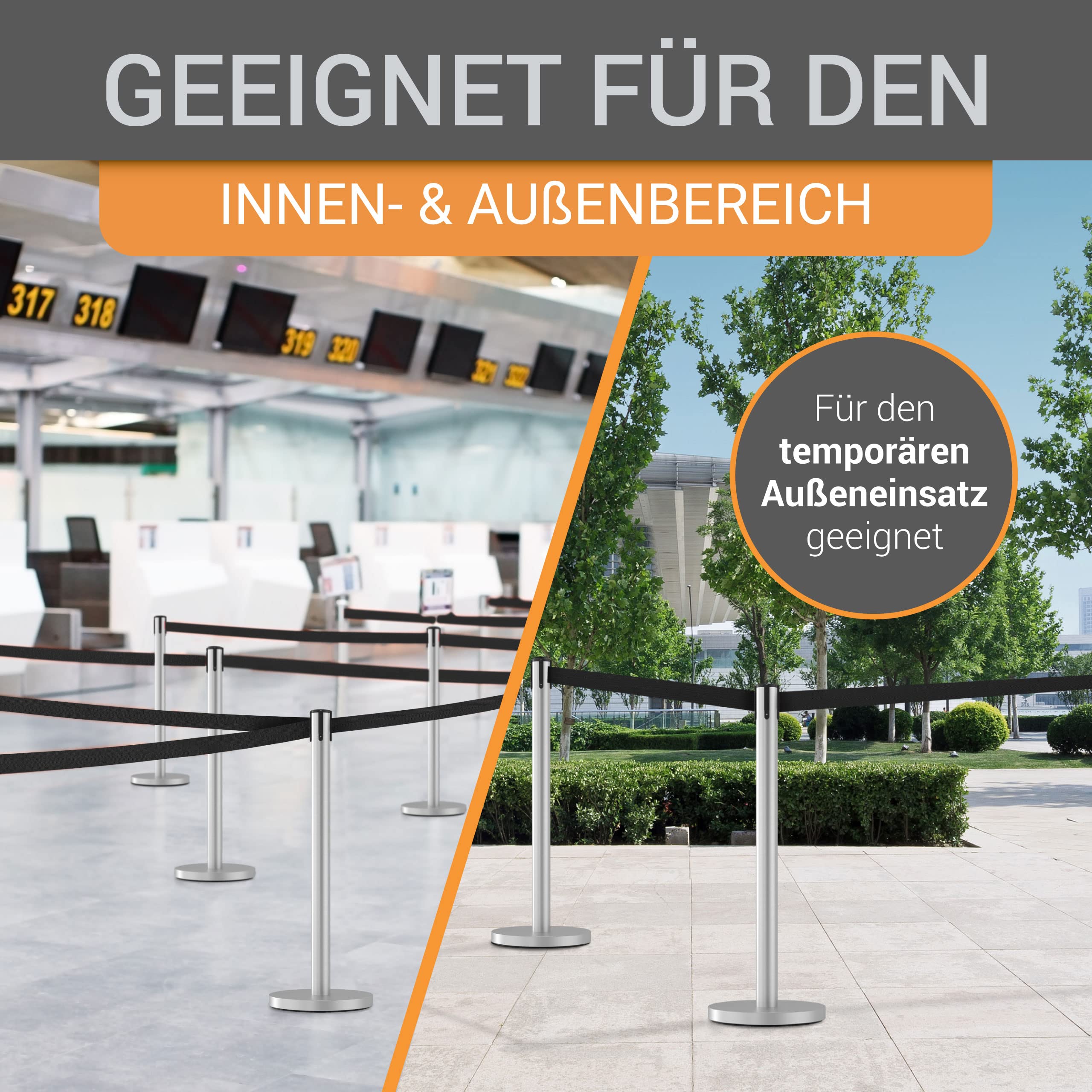Gurtpfosten Edelstahl gebürstet - 4er Set - Pfostenhöhe: 98,0 cm, Gurtlänge: 3,0 m, Gurtbandbreite: 4,8 cm - Gurtfarbe: schwarz