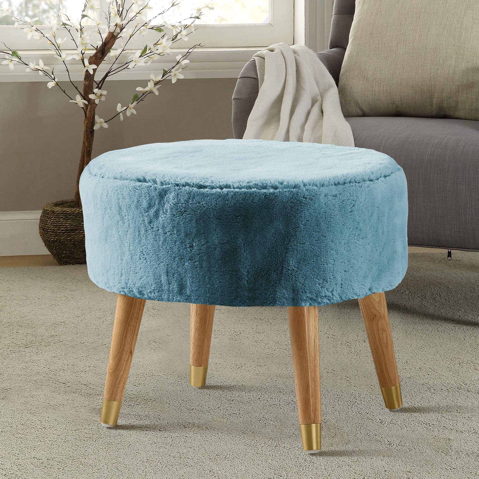 Home Soft Things Blue Heavy Faux Fur Oval Ottoman, 22'' x 18'' x 18'', Smoke Blue, Super Soft Fuzzy Round Makeup Ottoman Bedroom Foot Rest Stool for
