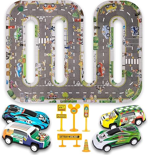 ArtCreativity Pista de rompecabezas de carretera para niños, juego de 29 piezas con 4 autos de rompecabezas de piso, 5 accesorios de tráfico y 20