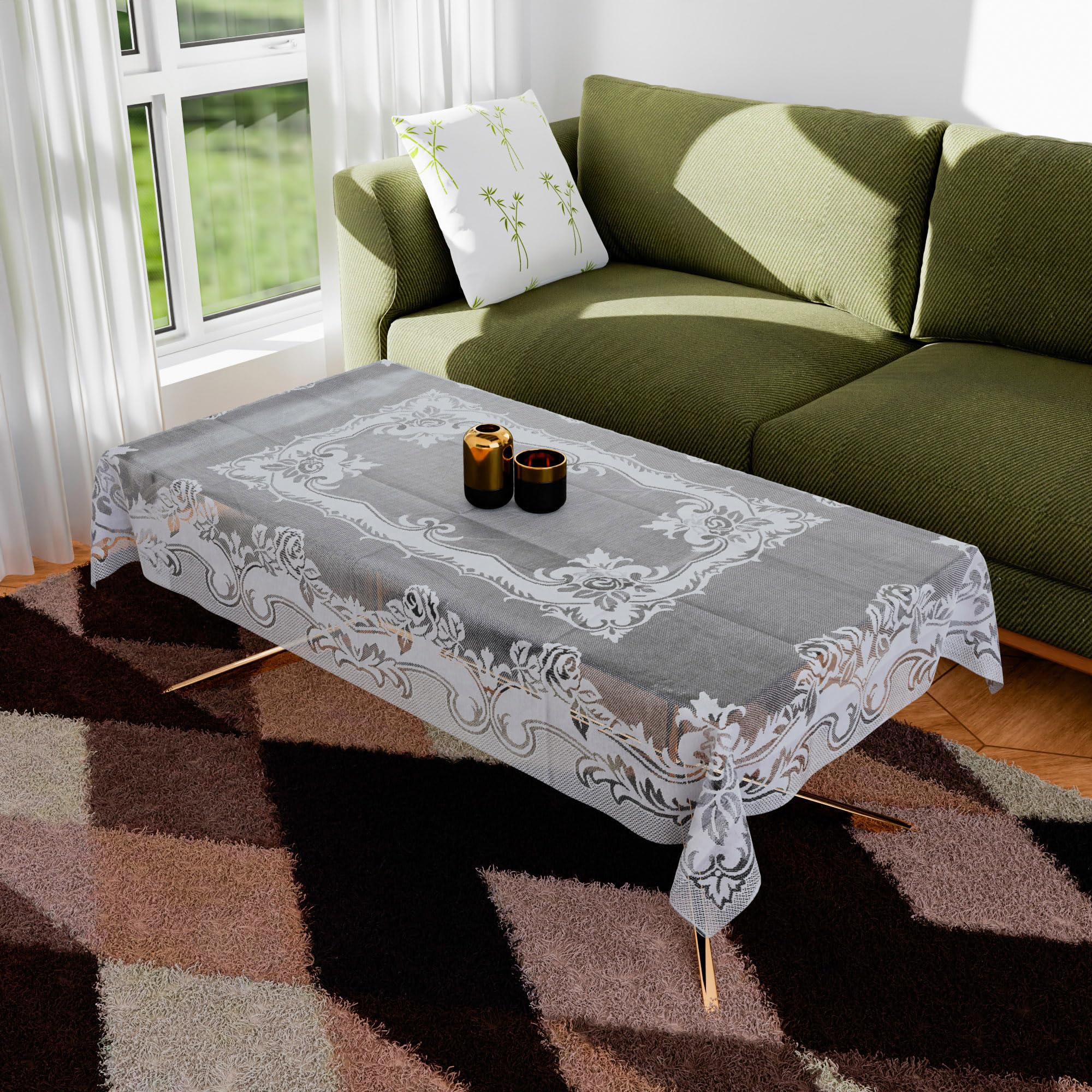 Kuber Industries Center Table Cover | Cotton 4-Seater Table Cloth Cover | Self Gulmohar Vila Table Cover | Table Protector | Table Cover for Center Table | 40x60 Inch | White