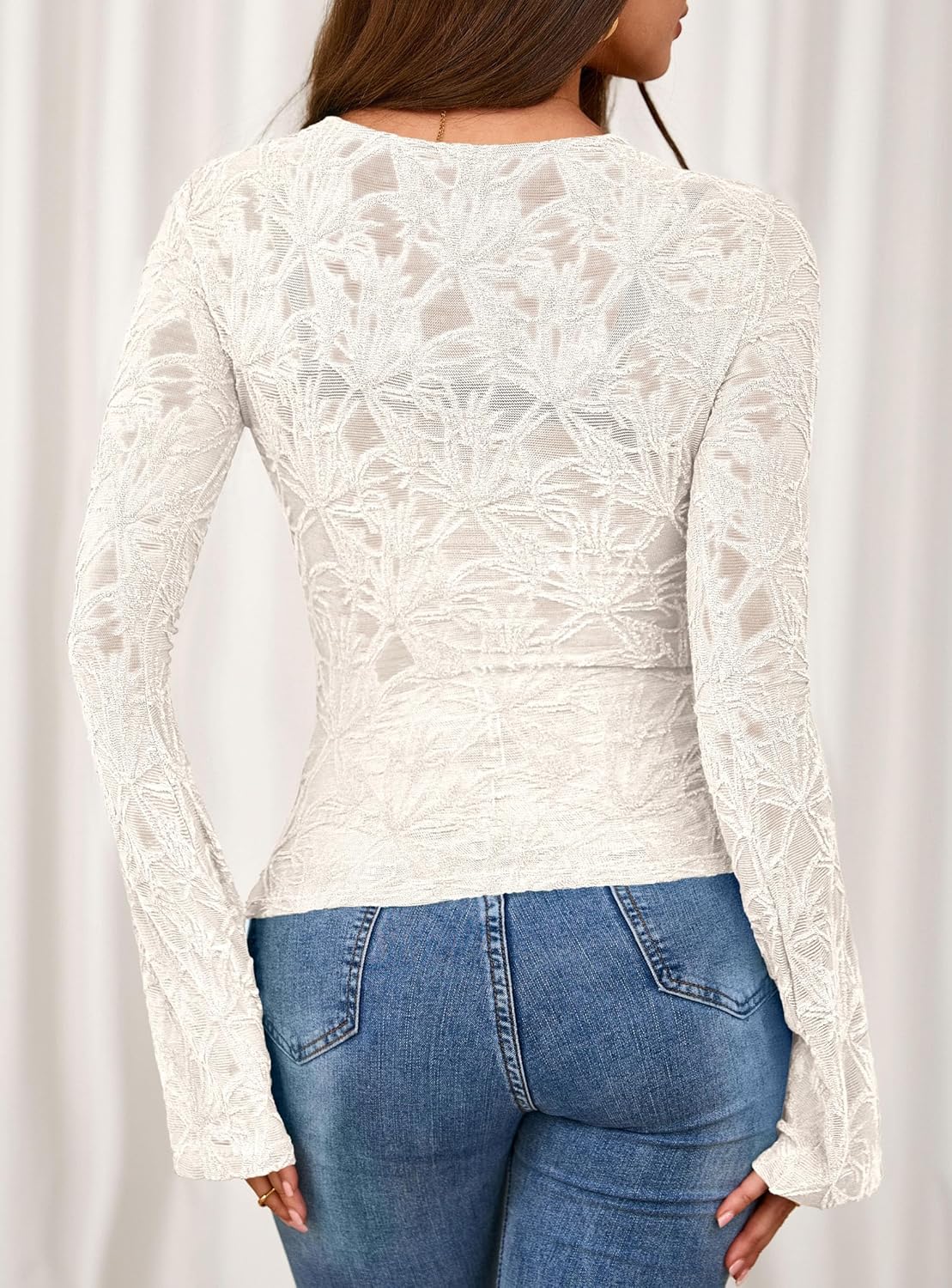 PRETTYGARDEN Womens Lace Long Bell Sleeve Tops 2026 Fall Sexy See Through Sheer Floral Blouse Shirt Spring Going Out Outfits - Image 4