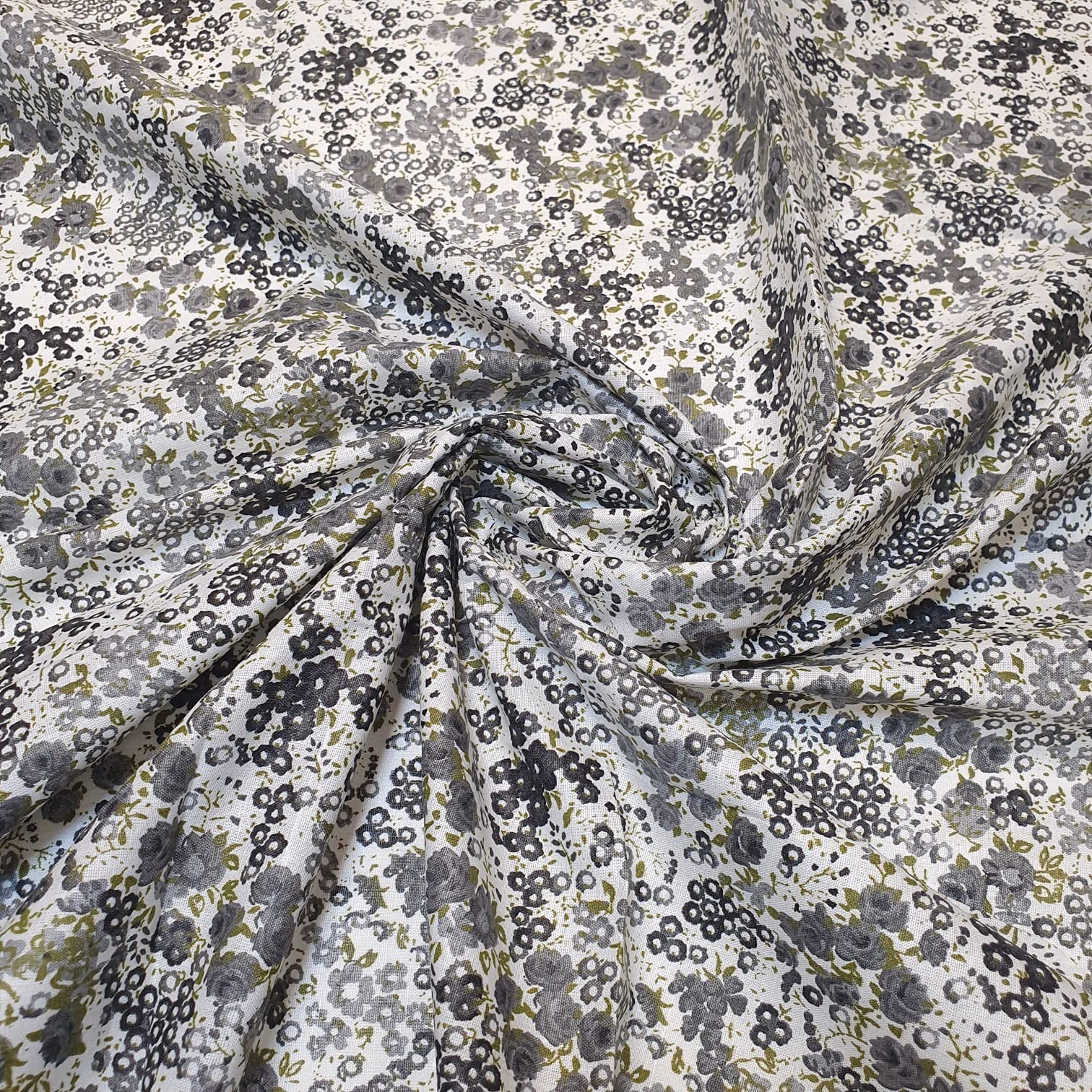 100% Cotton Poplin Printed Fabric – Vintage Floral, Ditsy, Animal, Polka, Stars | Soft & Lightweight Dress & Craft Material | 45" (112cm) Wide | Sold Per Meter (Pre-Cut Lengths) (Black Ditsy Burst) — image 1