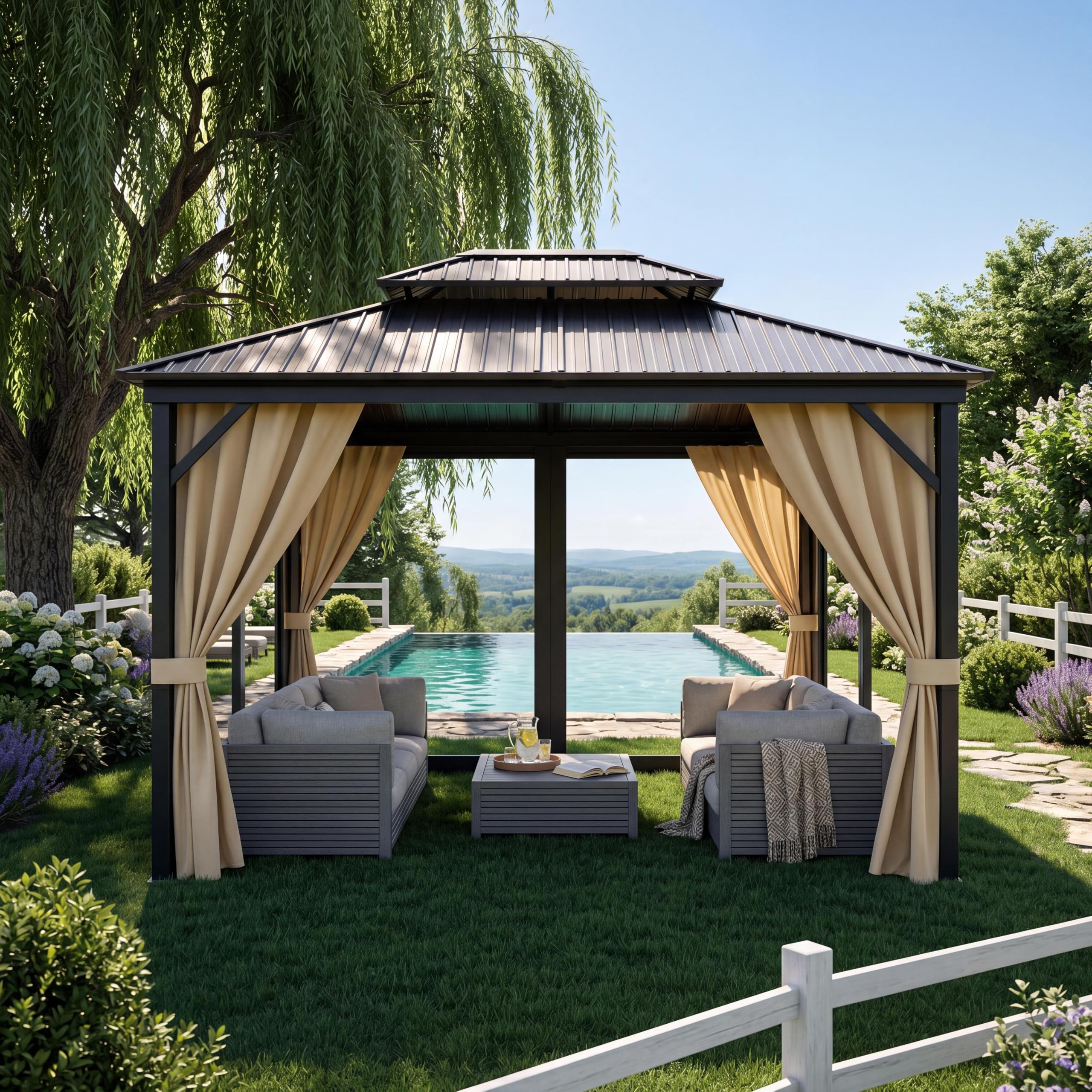 Photo 1 of 10' x 14' Heavy Duty Hardtop Gazebo for All Weather, Galvanized Steel Double Roof Canopy with Netting & Curtains – Ideal for Patio, Backyard, Deck & Lawn Gatherings