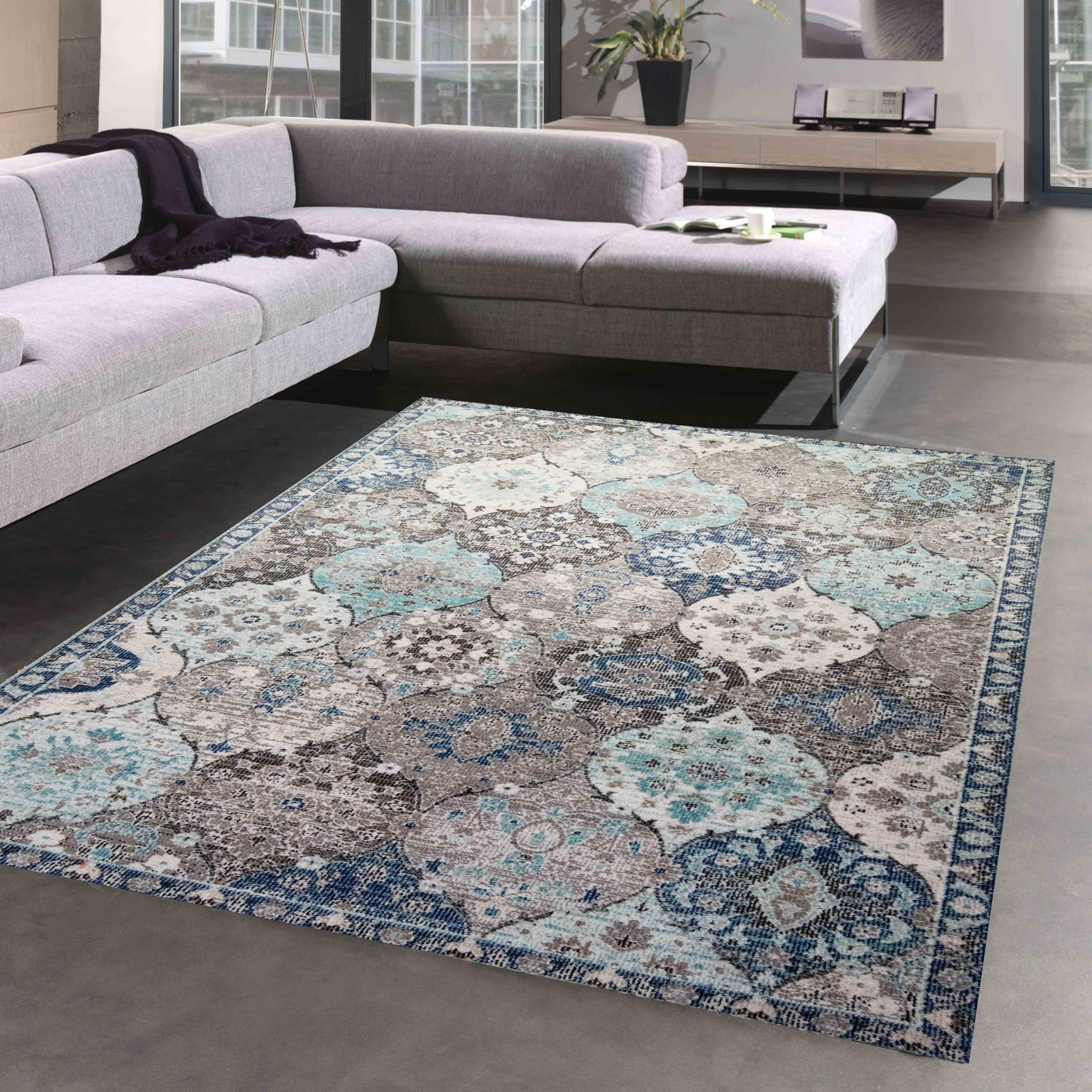 CARPETIA Outdoor Teppich Ornamentmuster Blau Grau Wetterfest 240x340 cm | Pflegeleicht, wetterfest, strapazierfähig und saugrobotergeeignet, OEKO-TEX geprüft, für Balkon, Terrasse & Essbereich