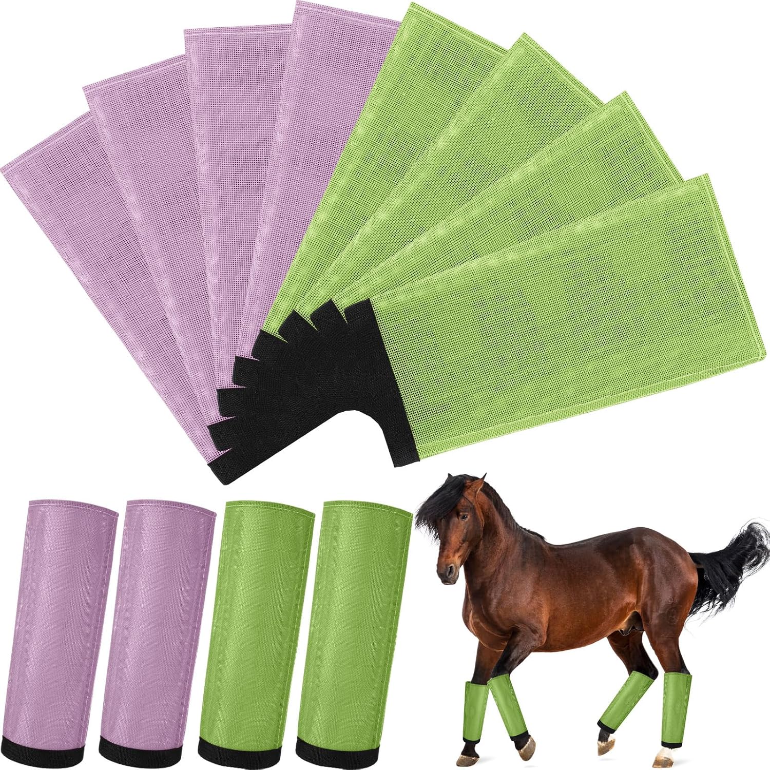 Set of 8 Mesh Fly Boots for Horse Breathable Mesh Horse Boots Protective Loose Wraps Adjustable for Preventing Legs Reduces Flies and Mosquitoes Bites