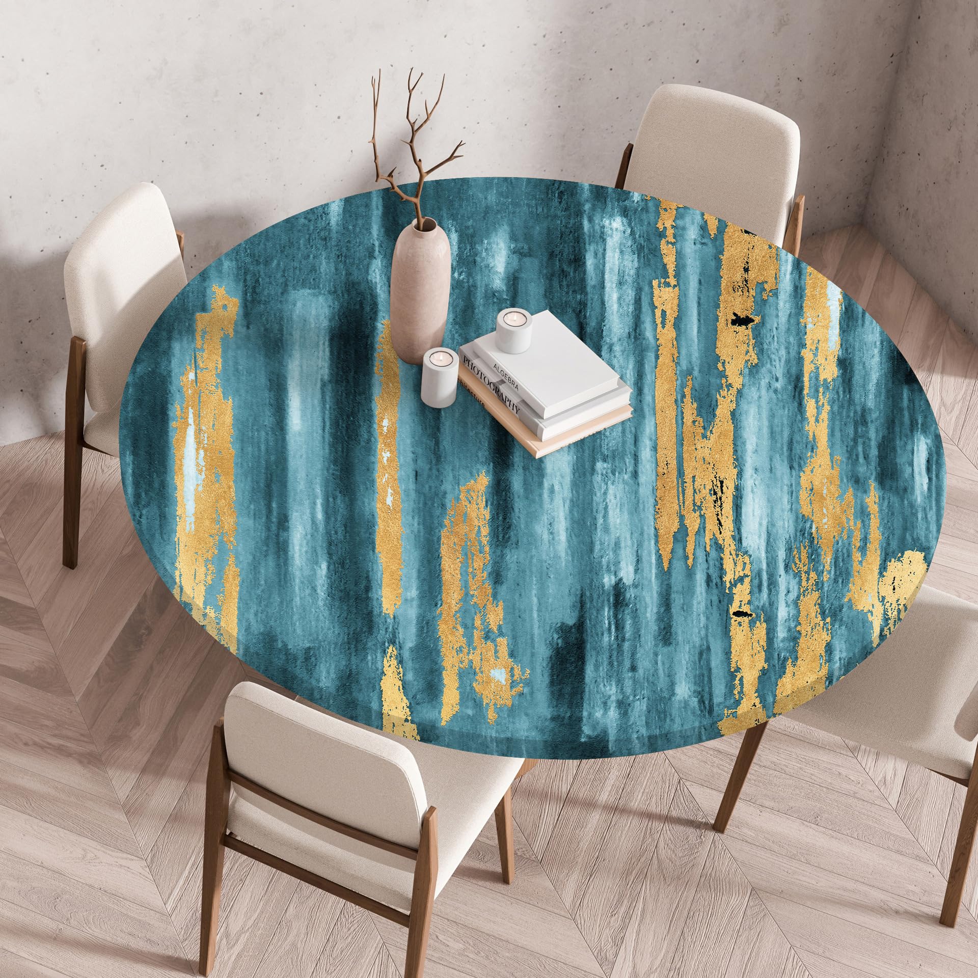 Tischdecke Rund 110 cm Green Gold Retro Gartentischdecke Wetterfest Elastisch Abwaschbar Runde Tischdecke Outdoor Indoor Wiederverwendbare Table Cloth für Garten Restaurant