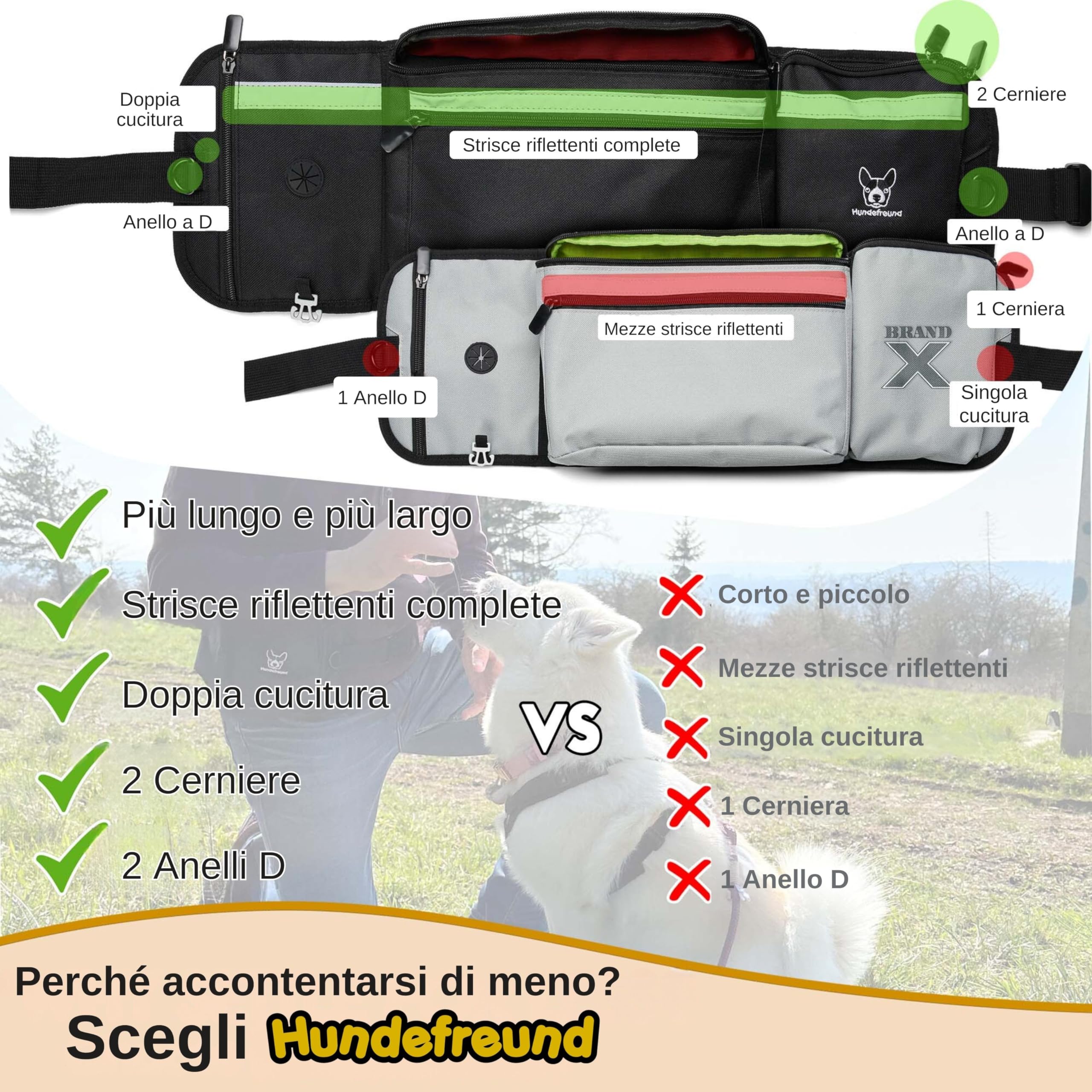 Hundefreund Borsa PortaSnack per Cani XXL - Tasca Ultra-Grande Riflettente con Cintura - Sacchetto di 58 cm per Passeggiate e Addestramento Canino