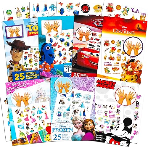 Disney Tattoos Party Favors Mega Surtido ~ El paquete incluye 7 paquetes de tatuajes temporales favoritos de Disney con Disney Princess, Toy Story,