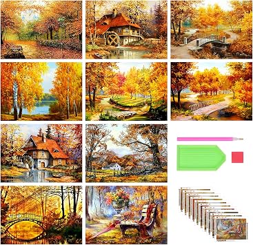 Stalente 10 Pack Diamond Painting Kits for Adults, Landscape Autumn Round Full Drill Diamond Art Kits, 5D DIY Paint with Diamonds Crafts for Home Wall Decoration Gifts 1216 Inch