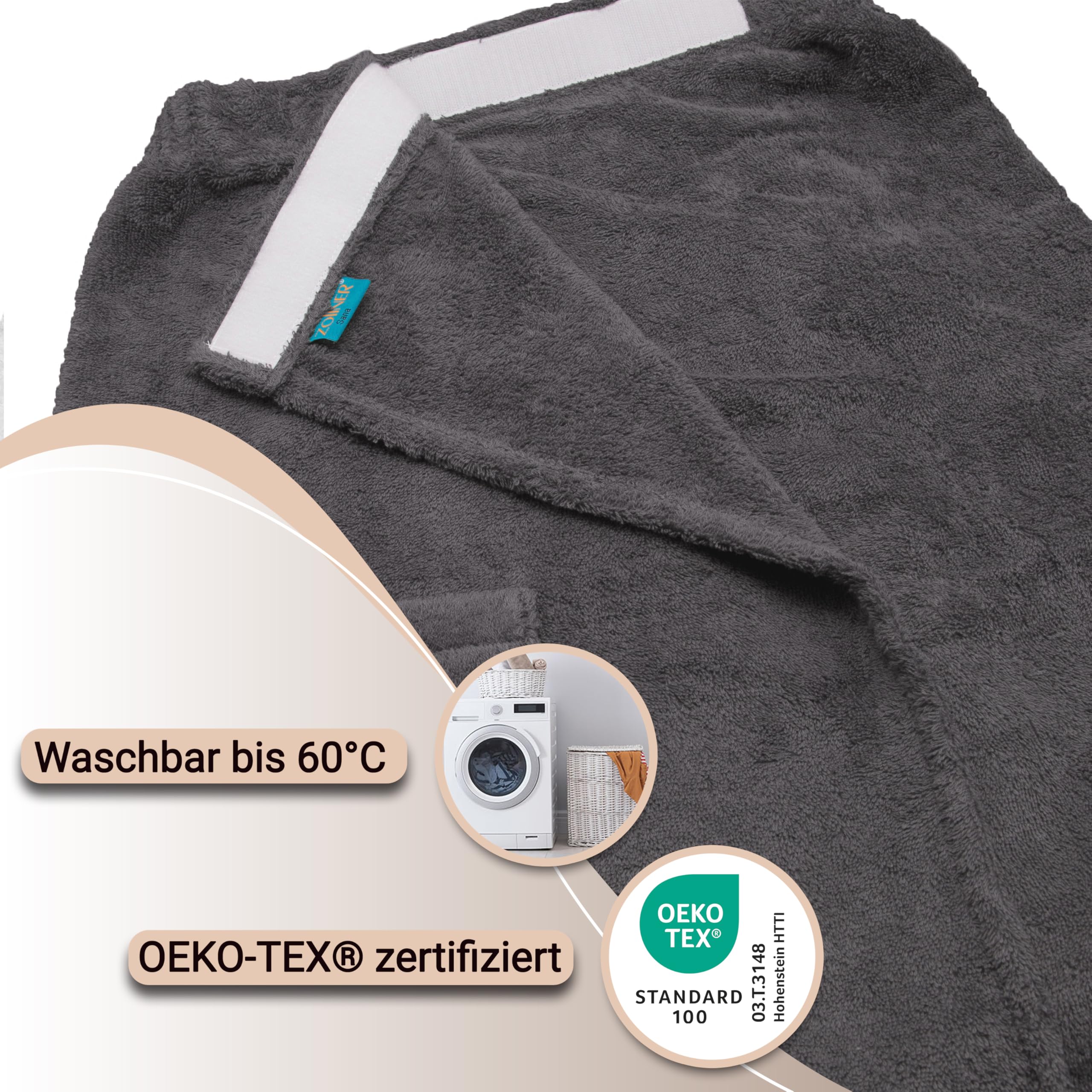 ZOLLNER Damensaunakilt in grau - hautfreundlich und saugstark - Baumwolle - mit Gummizug und Klettverschluss - Größe S/M - waschbar bis 60°C - Oeko Tex® zertifiziert