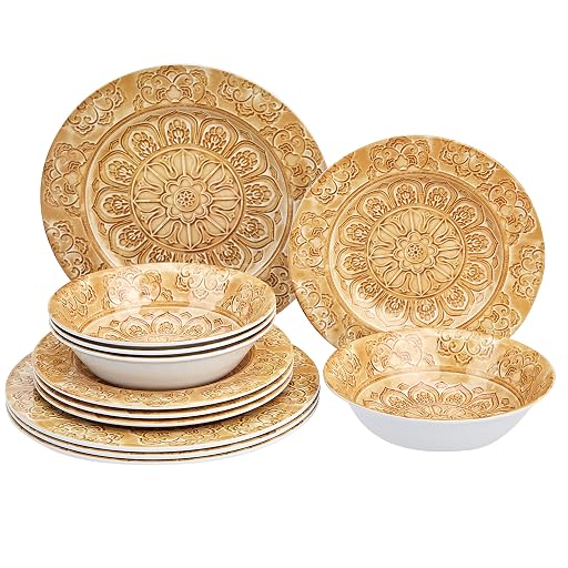 MockWares Basics 12-Piece Melamine Dinnerware Set, Faded Glaze Brown