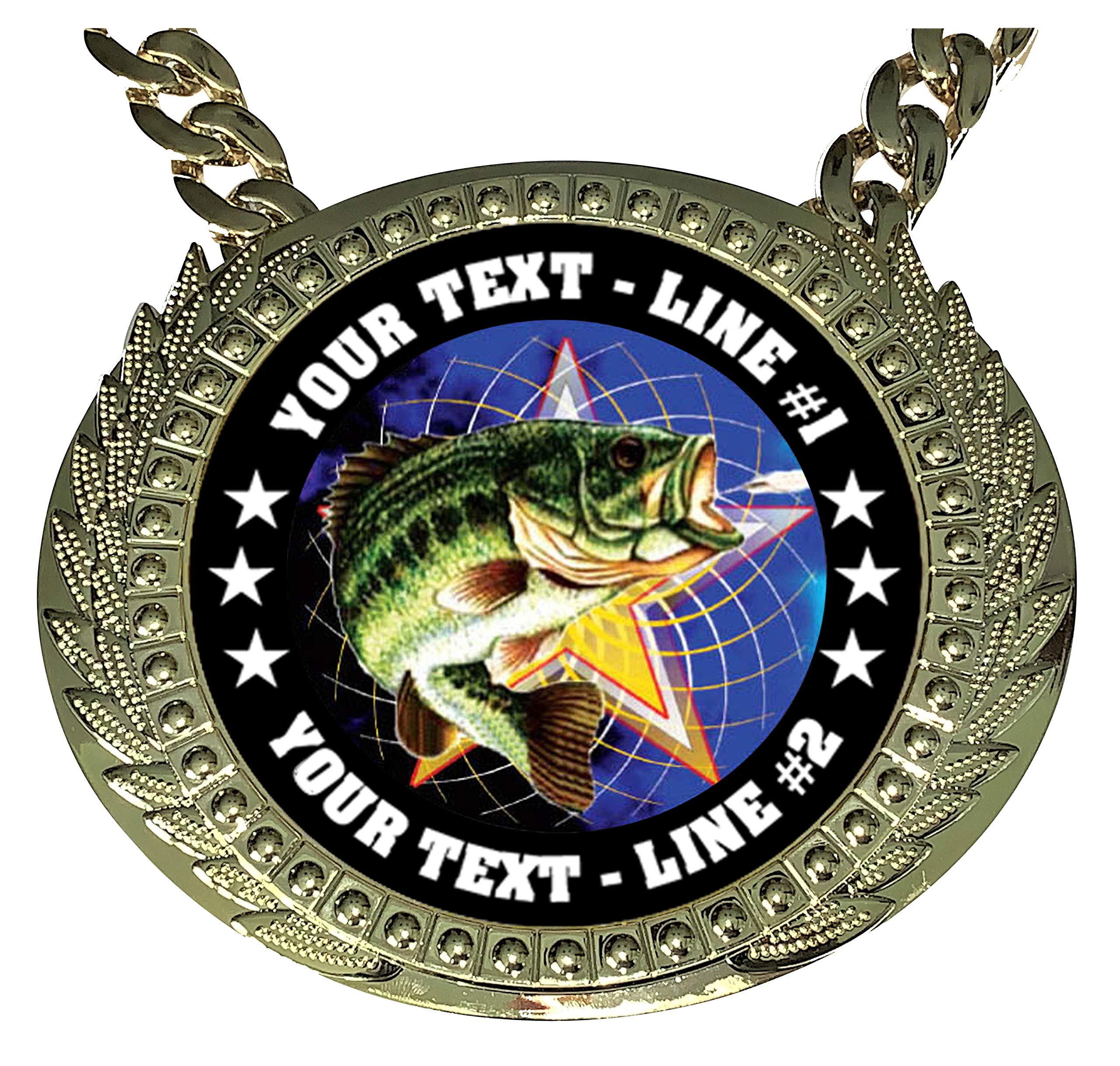 Express Medals Custom Bass Fishing Champ Chain Trophy with 2 Lines of Personalized Text on a Large Rigid Plastic Award Medal and 34 Inch Long Gold Color Neck Chain. FCL470