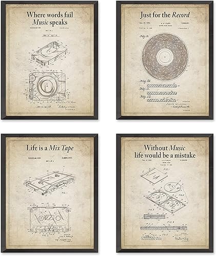 Miniatura 1 de Impresiones artísticas de pared de música retro con eslóganes, juego de 4, sin marco, 8 pistas vintage, casete de cinta, registro, regalo de patente