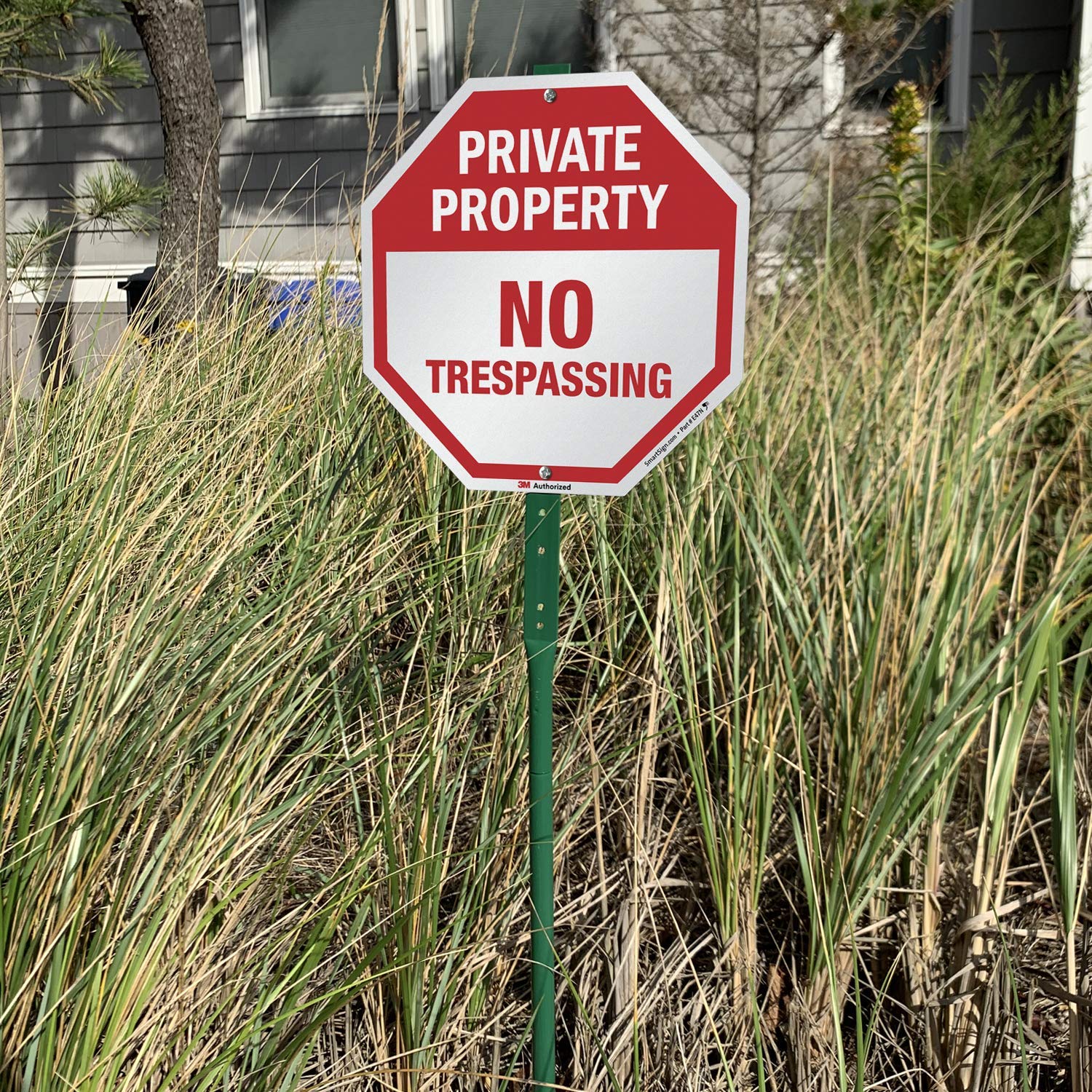 SmartSign 10 x 10 inch “Private Property - No Trespassing” Octagon Yard Sign with 3 foot Stake, 40 mil Aluminum 3M Laminated Engineer Grade Reflective Material, Red and White, Set of 1